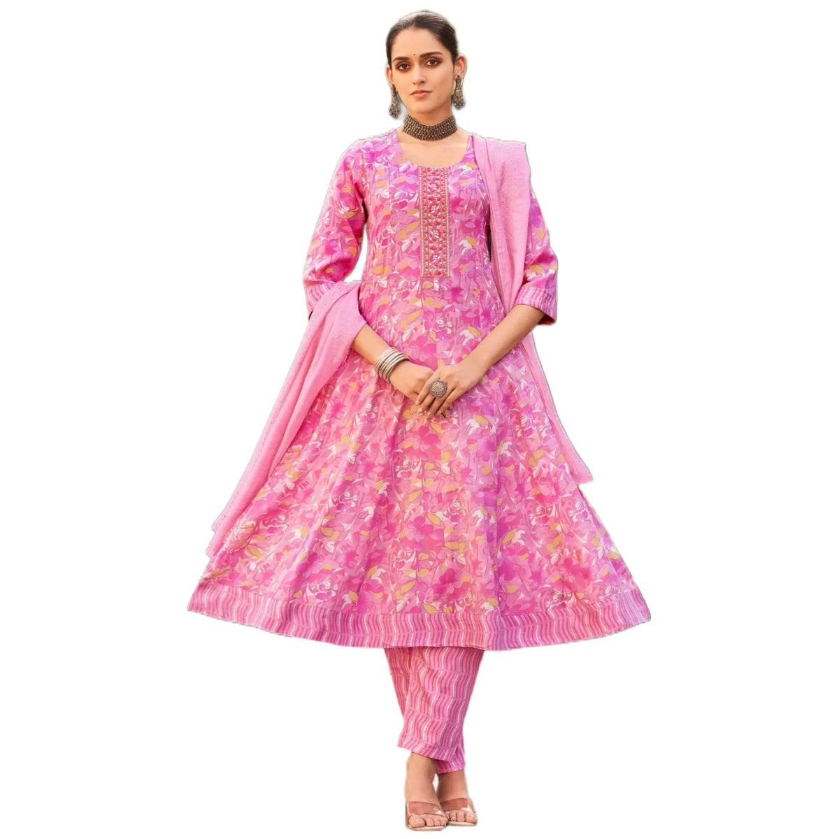 Floral Charm Pink Anarkali Set with Hand-Style Neck Embroidery