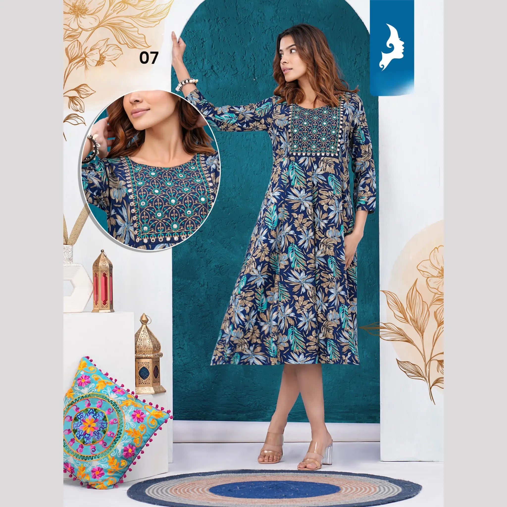 Floral Dark Blue Reyon Print Umbrella Kurti Main image