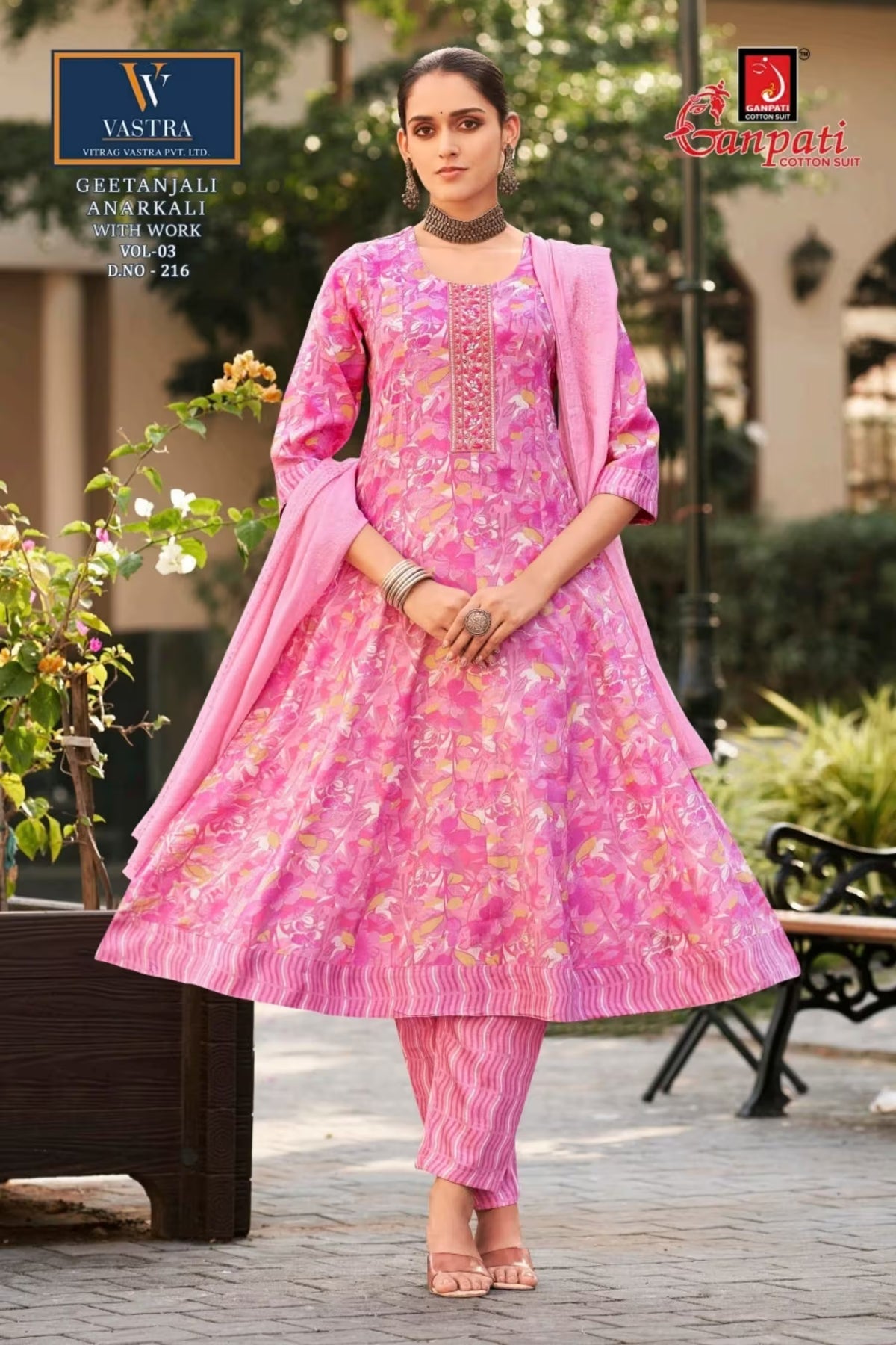 Floral Charm Pink Anarkali Set with Hand-Style Neck Embroidery and Sequence Work Dupatta - Ganpati Geetanjali - 216 | Bavis Clothing