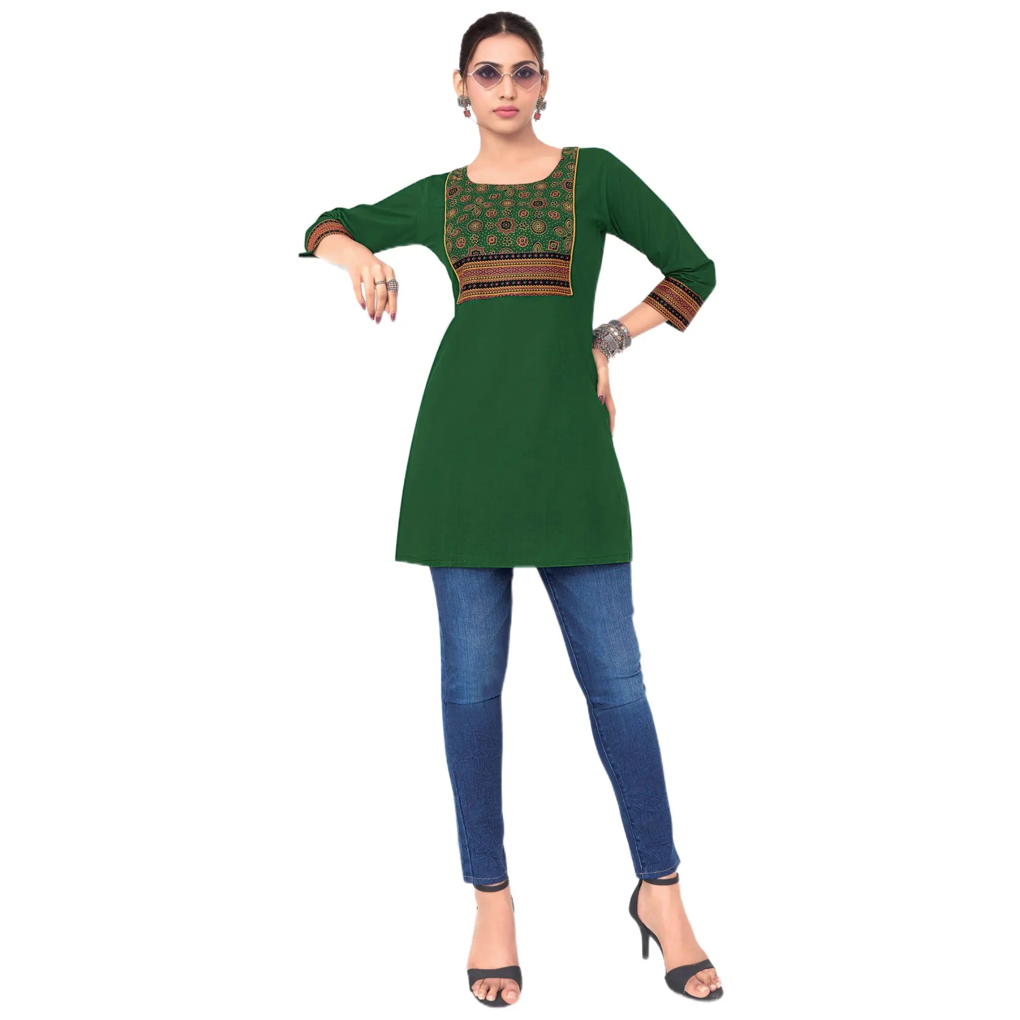 Forest Green Cotton Short Top with Ajrak Inspired Ethnic Print Main image