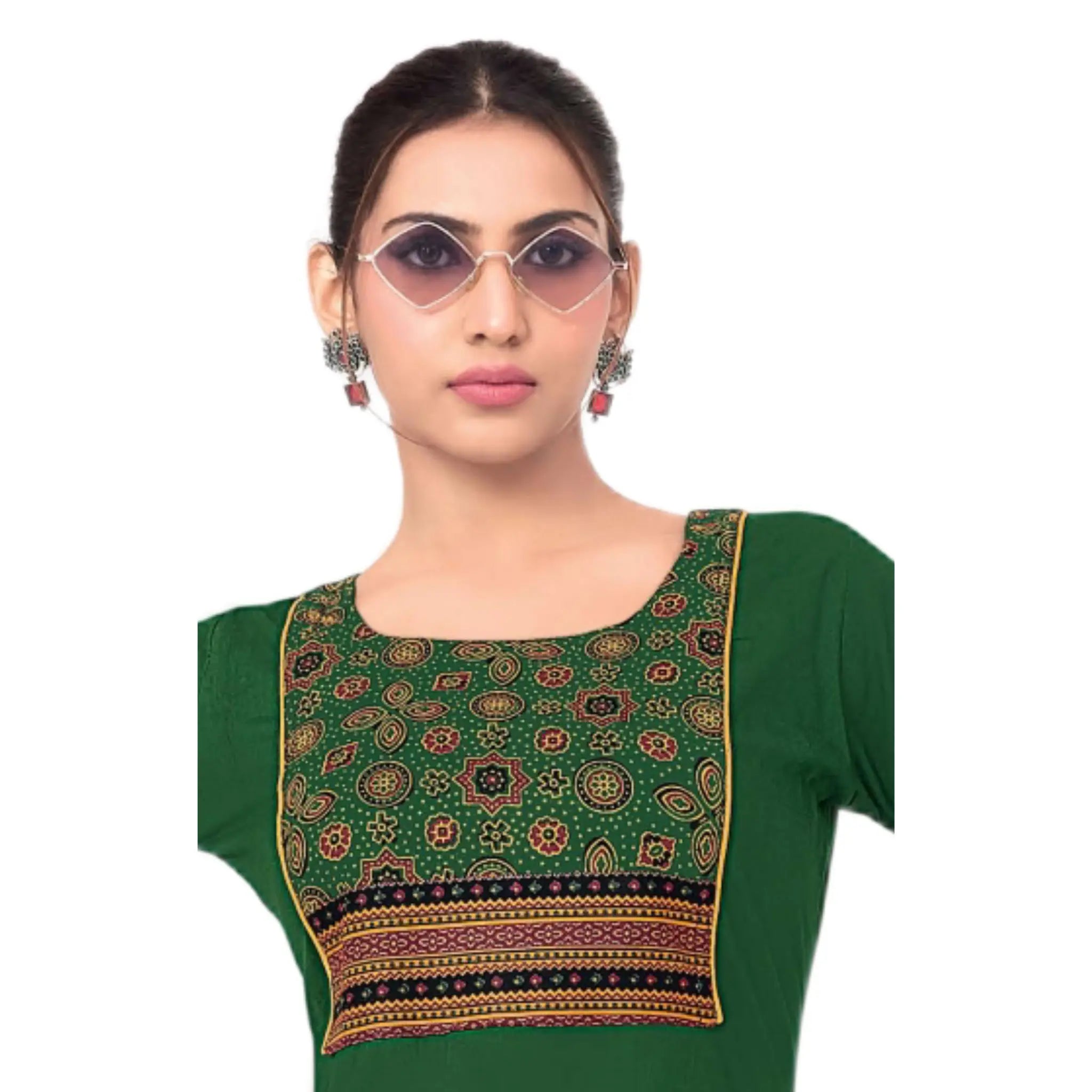 Forest Green Cotton Short Top with Ajrak Inspired Ethnic Print