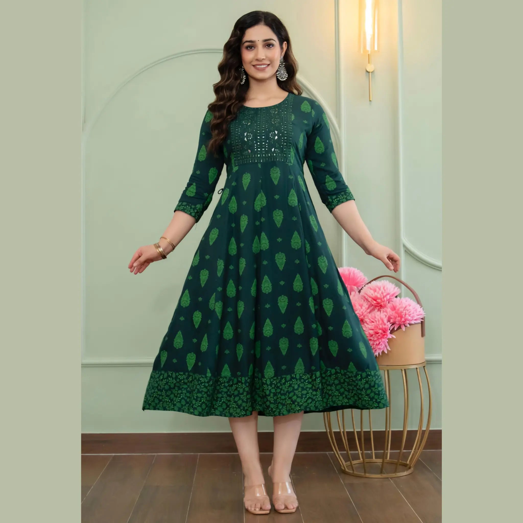 Forest Green Ethnic Printed Anarkali Kurti for Women _ Traditional Motif Design