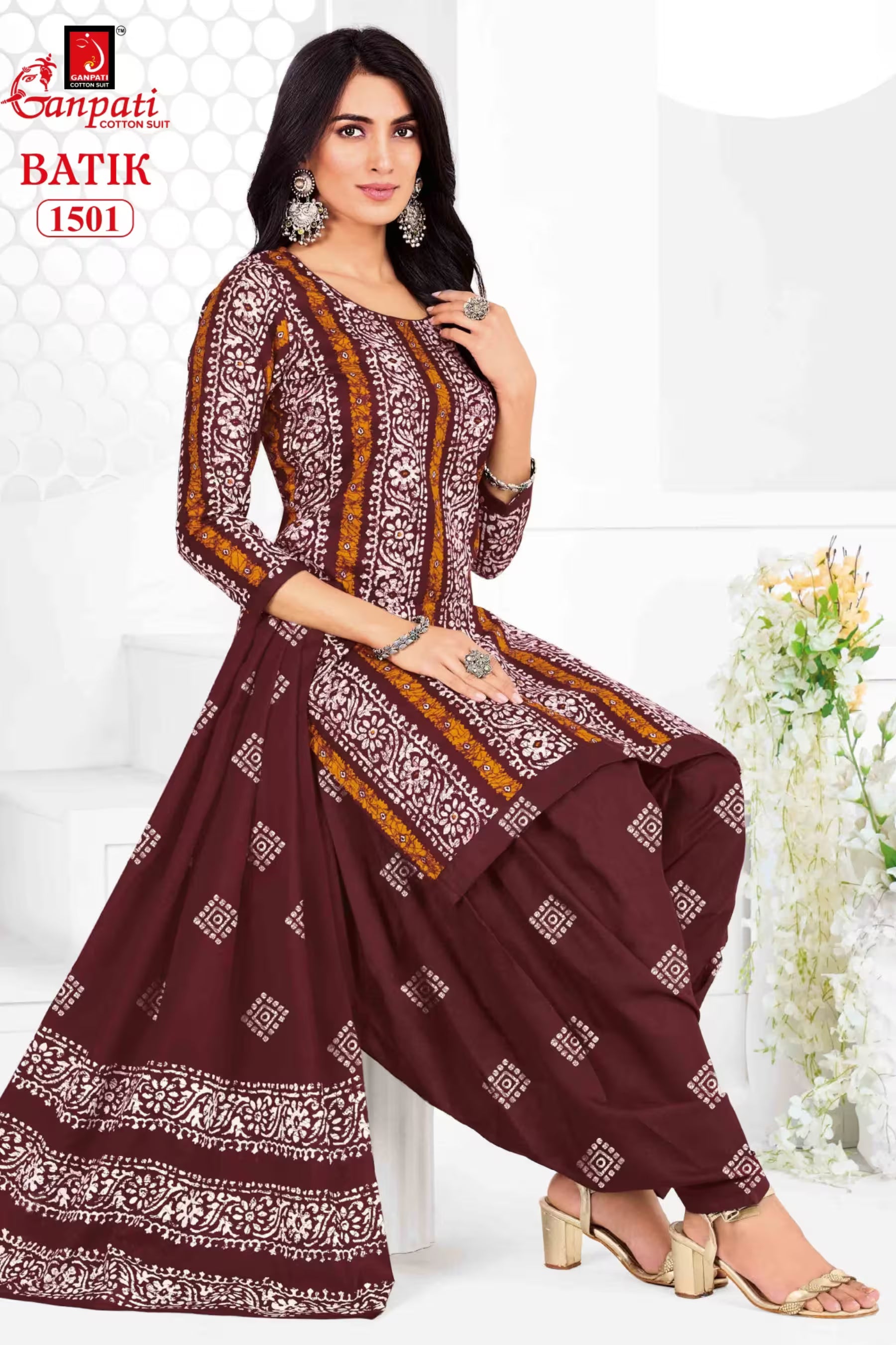 Ganpati Batik Print Cotton Readymade Salwar Suit and Patiala Pant with Dupatta - GB1501