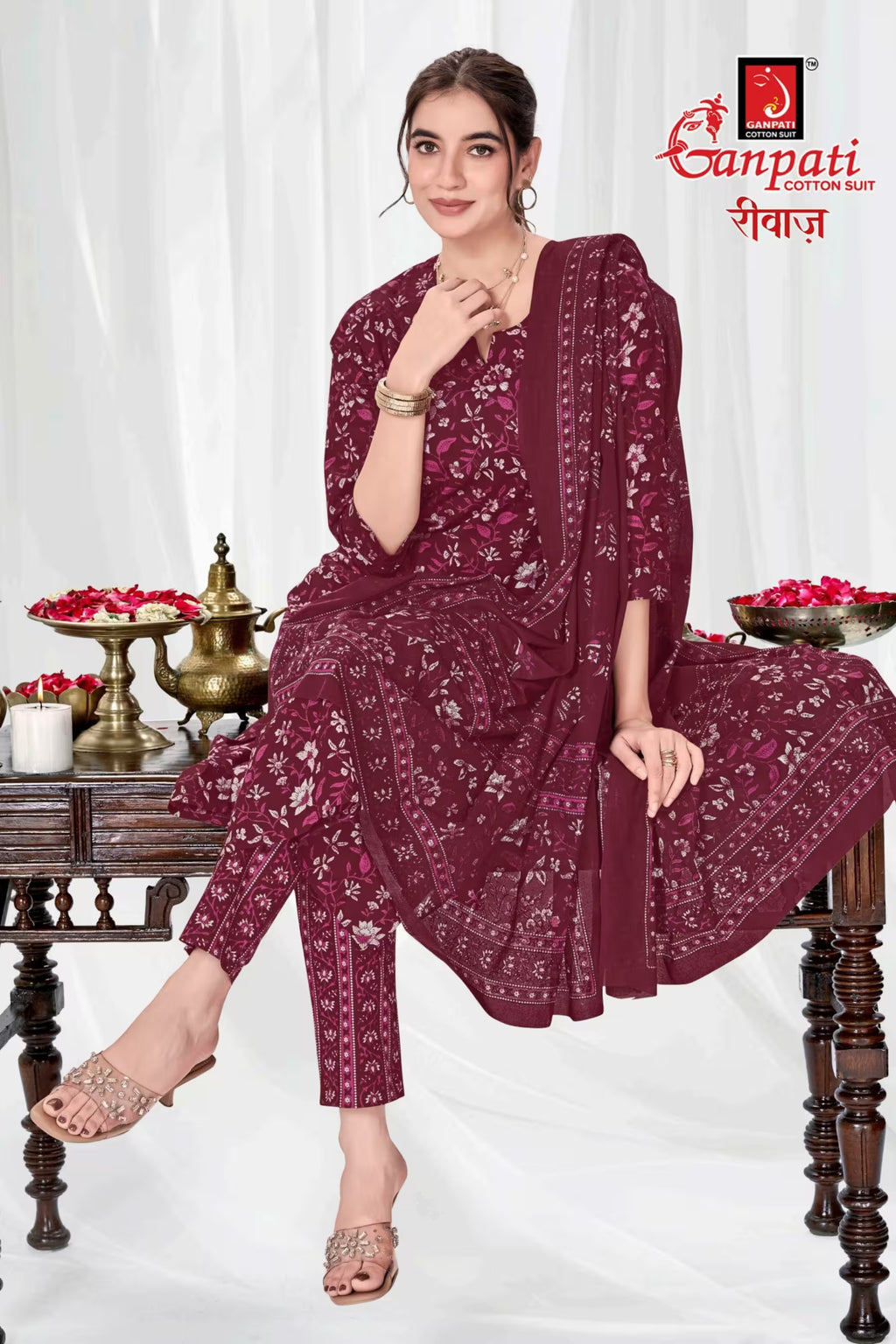 Ganpati Cotton Readymade Salwar Suit With Straight Pant and Dupatta ...