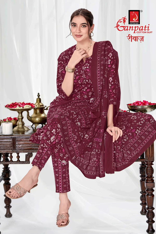 Ganpati Cotton Readymade Salwar Suit With Straight Pant and Dupatta - Riwaz108