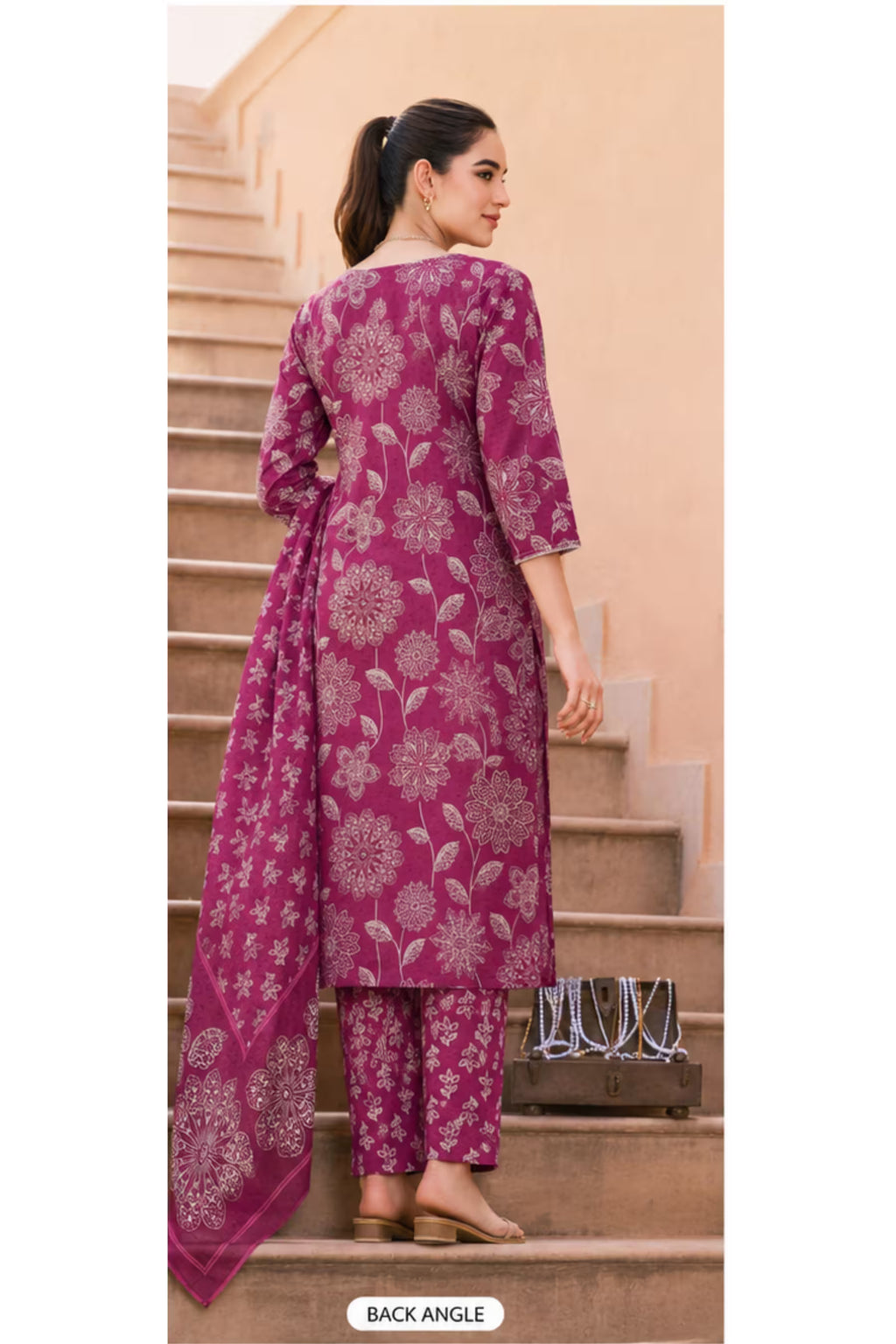 Back Angle -Ganpati - Jaipuri Special - Cotton Readymade Salwar Suit with Straight Pant and Dupatta - GJ356