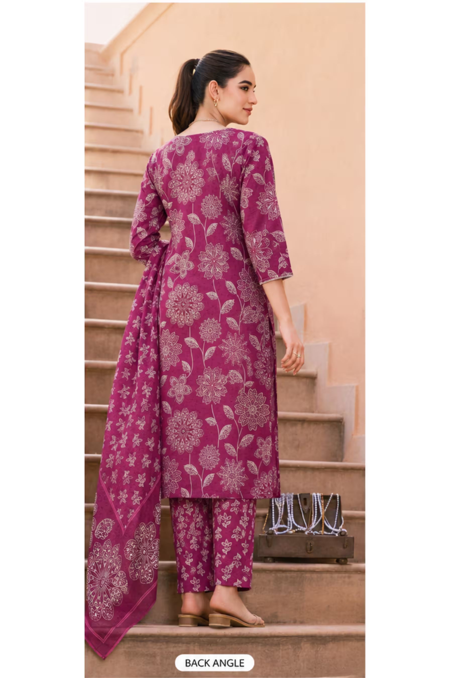 Back Angle -Ganpati - Jaipuri Special - Cotton Readymade Salwar Suit with Straight Pant and Dupatta - GJ356