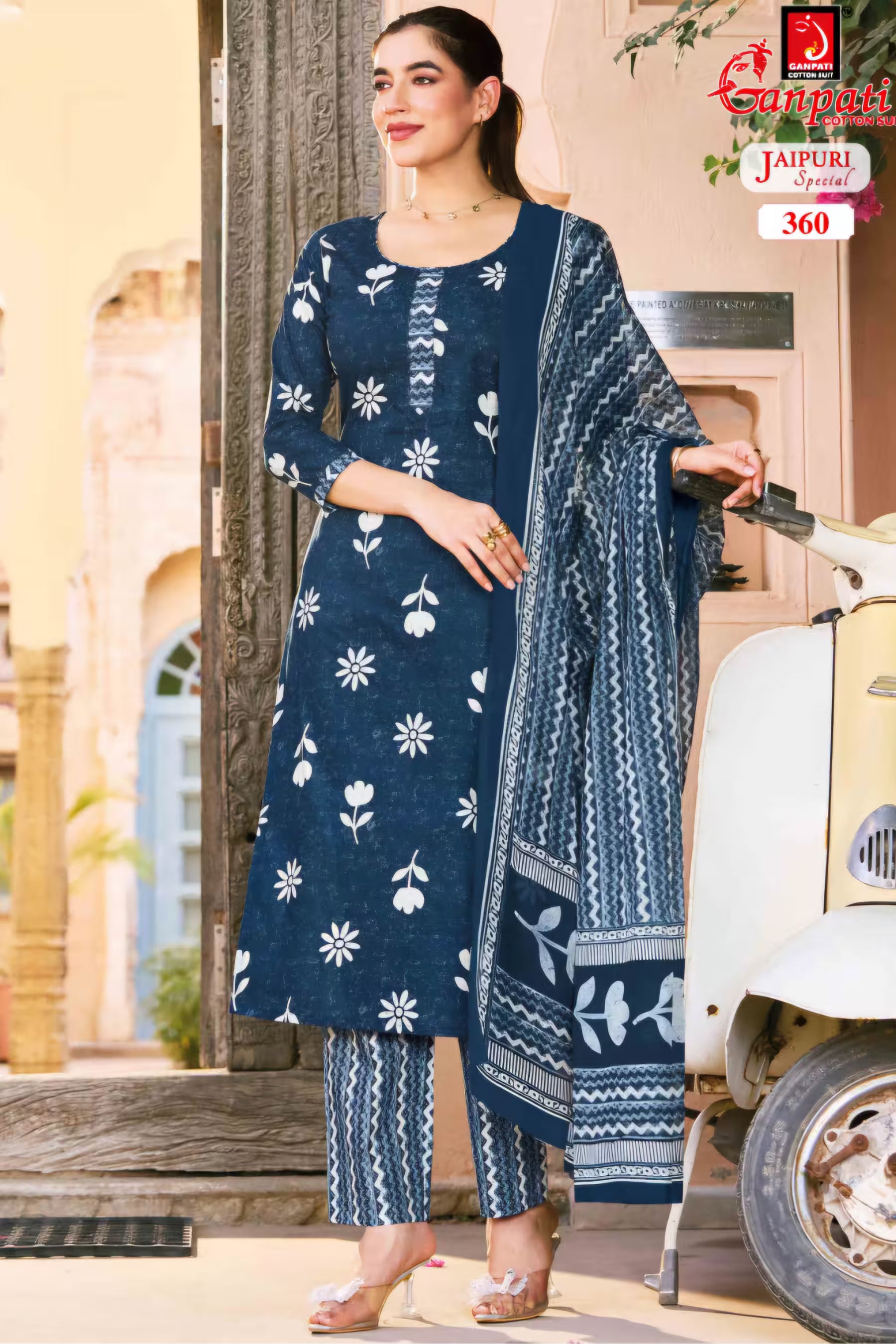 Ganpati - Jaipuri Special - Cotton Readymade Salwar Suit with Straight Pant and Dupatta - GJ360