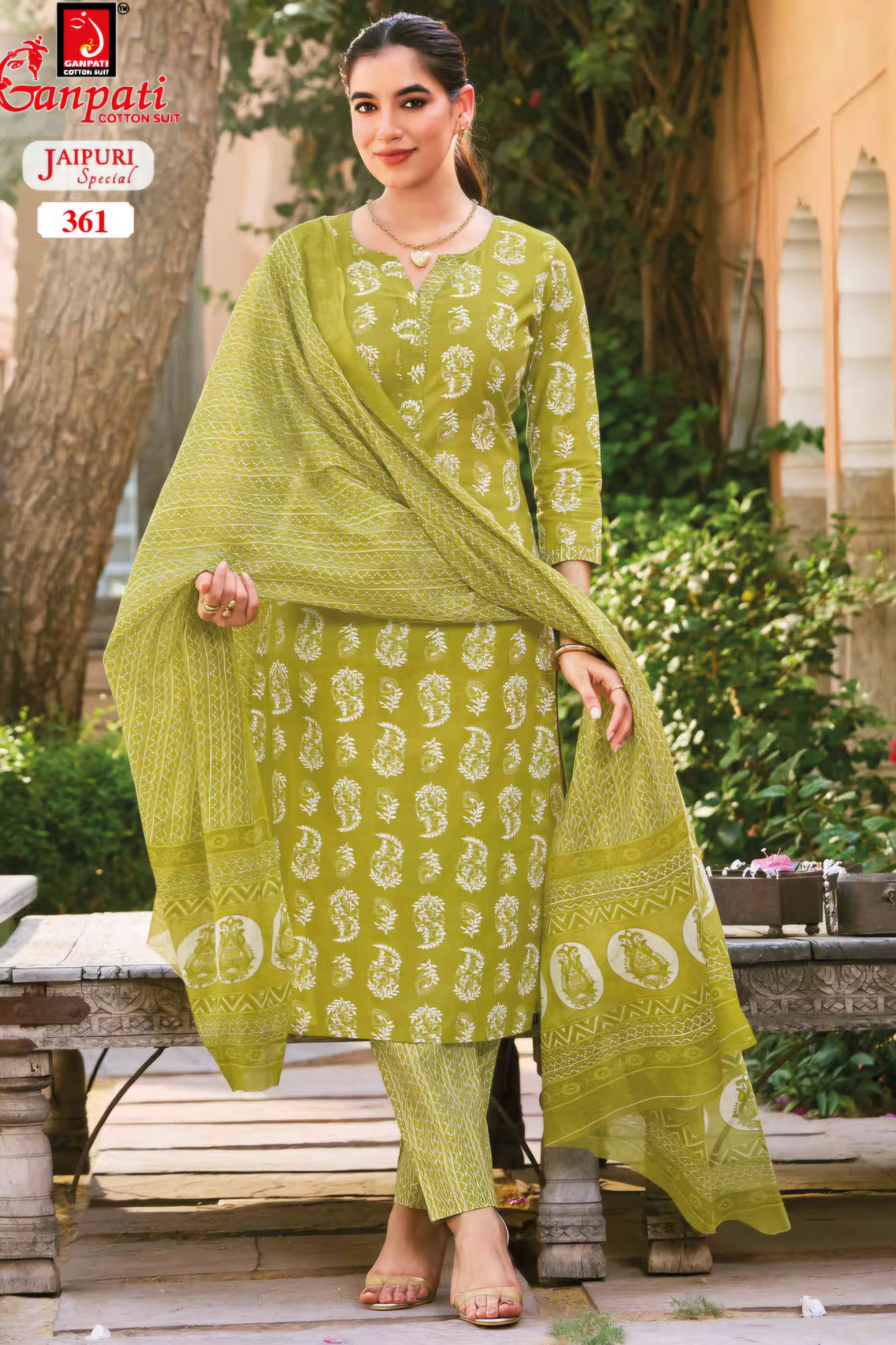 Ganpati - Jaipuri Special - Cotton Readymade Salwar Suit with Straight Pant and Dupatta - GJ361