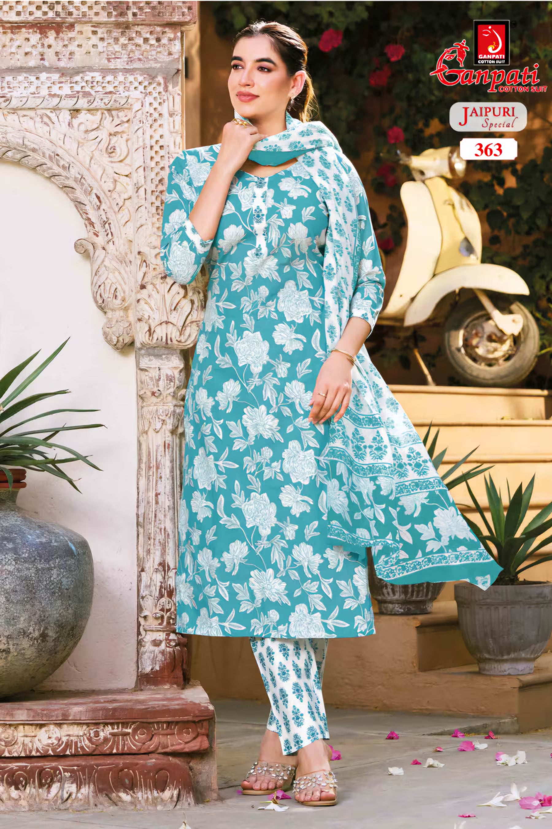 Ganpati - Jaipuri Special - Cotton Readymade Salwar Suit with Straight Pant and Dupatta - GJ363