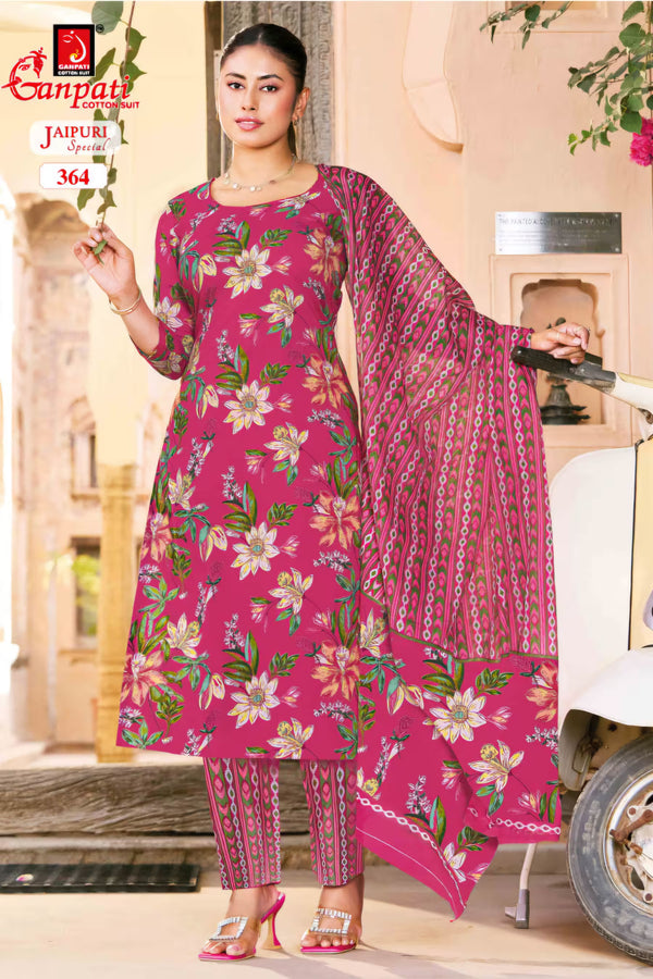 Ganpati - Jaipuri Special - Cotton Readymade Salwar Suit with Straight Pant and Dupatta - GJ364