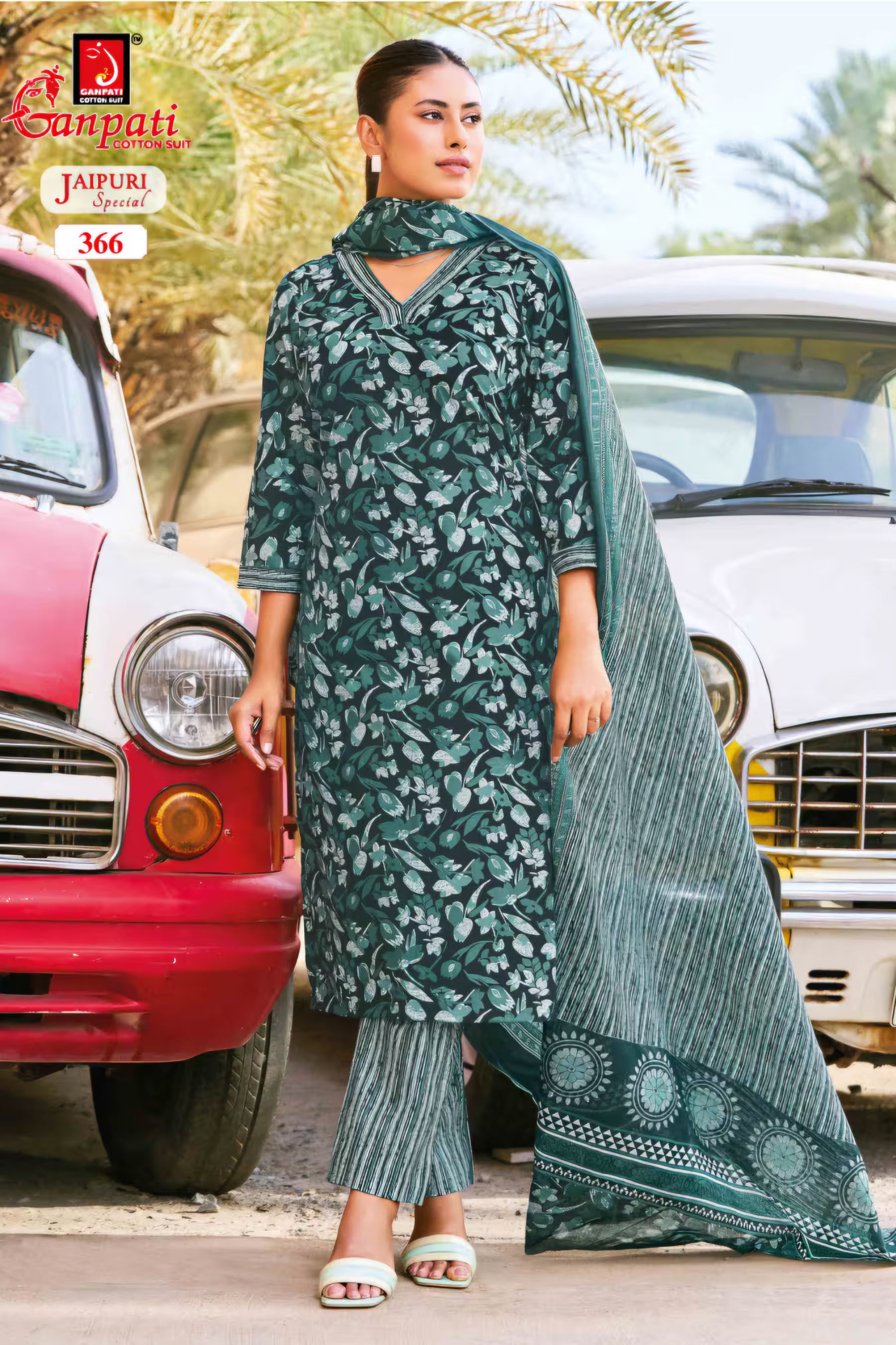 Ganpati - Jaipuri Special - Cotton Readymade Salwar Suit with Straight Pant and Dupatta - GJ366