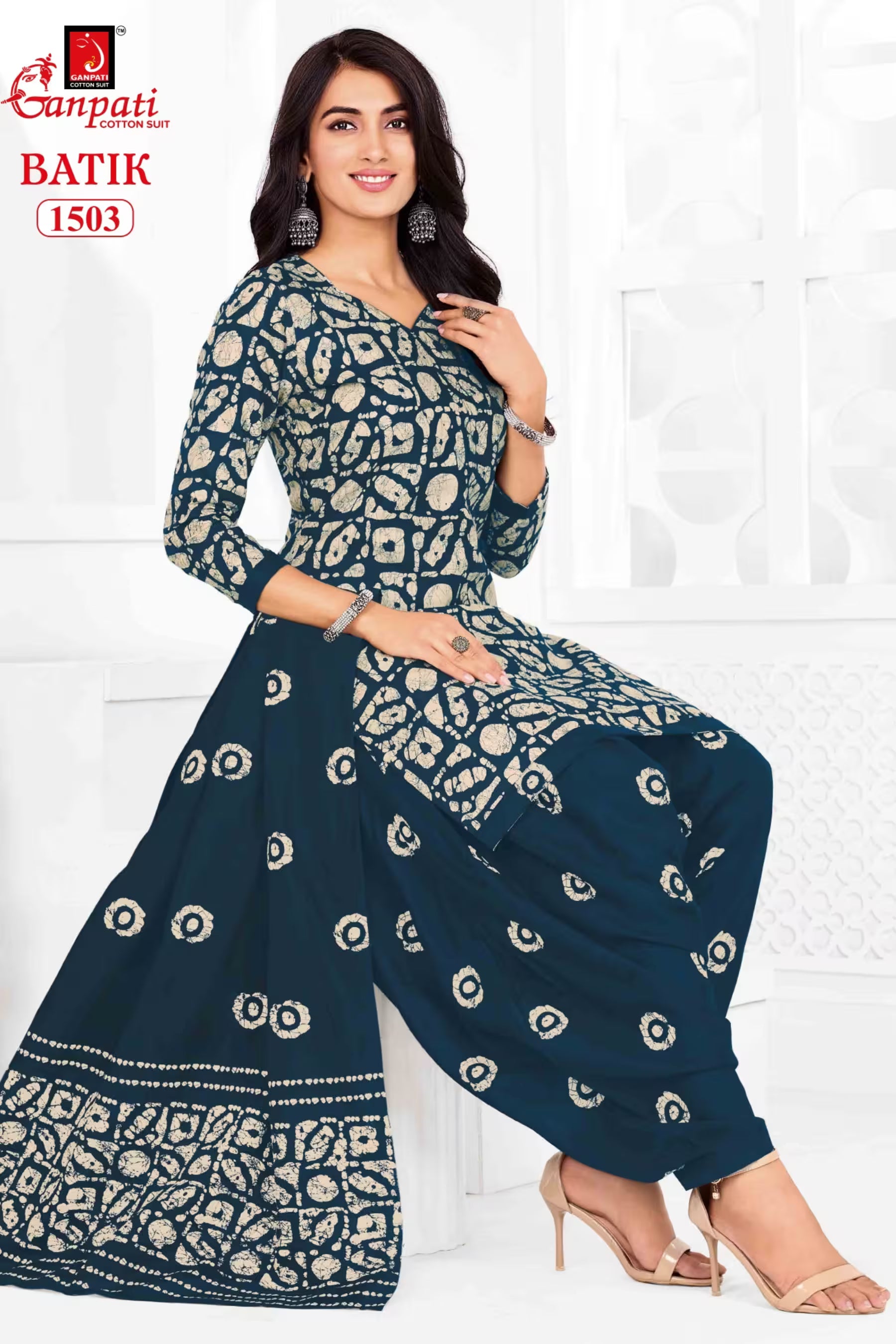 Ganpati Batik Print Cotton Readymade Salwar Suit and Patiala Pant with Dupatta - GB1503
