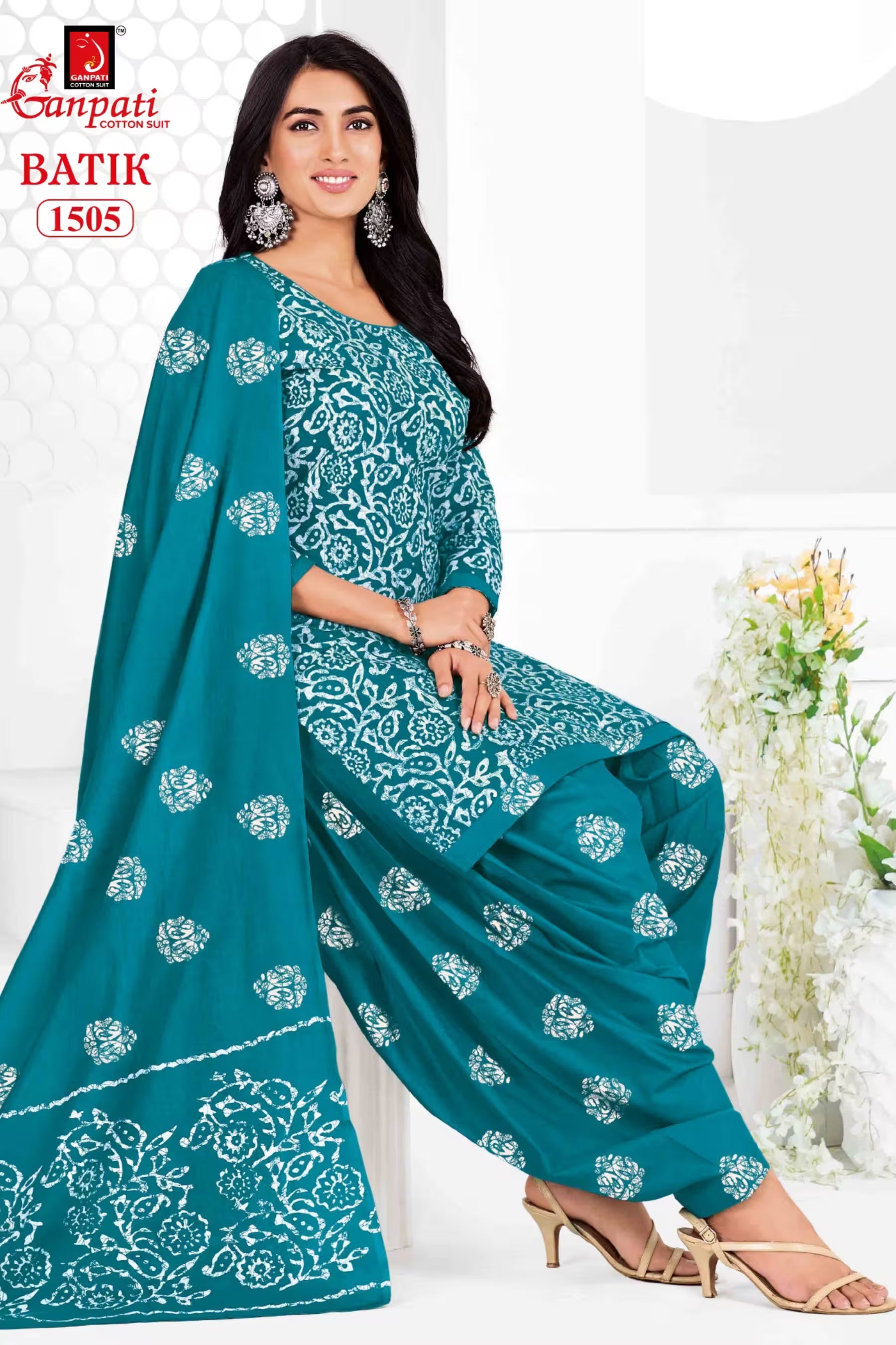 Ganpati Batik Print Cotton Readymade Salwar Suit and Patiala Pant with Dupatta - GB1505