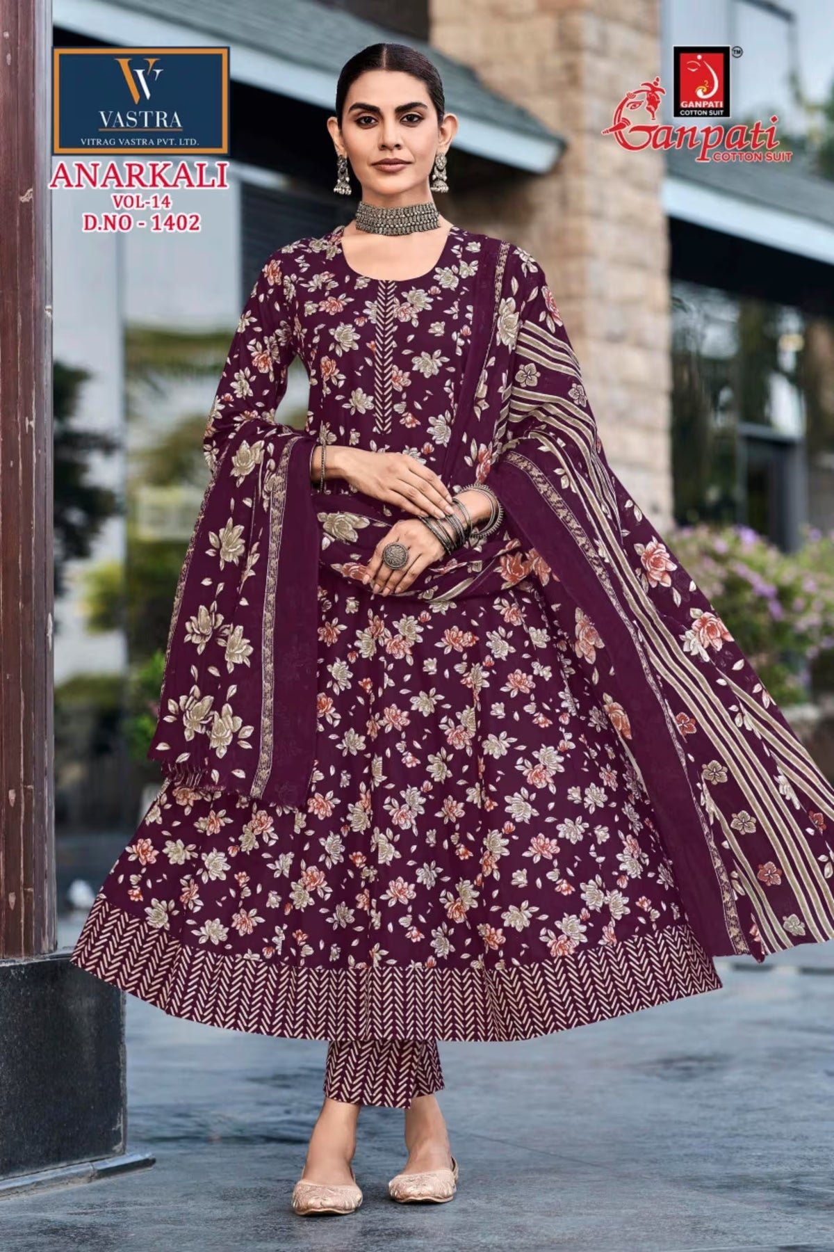 Ganpati Cotton Readymade Anarkali Salwar Suit with Straight Pant and Dupatta - GA1402