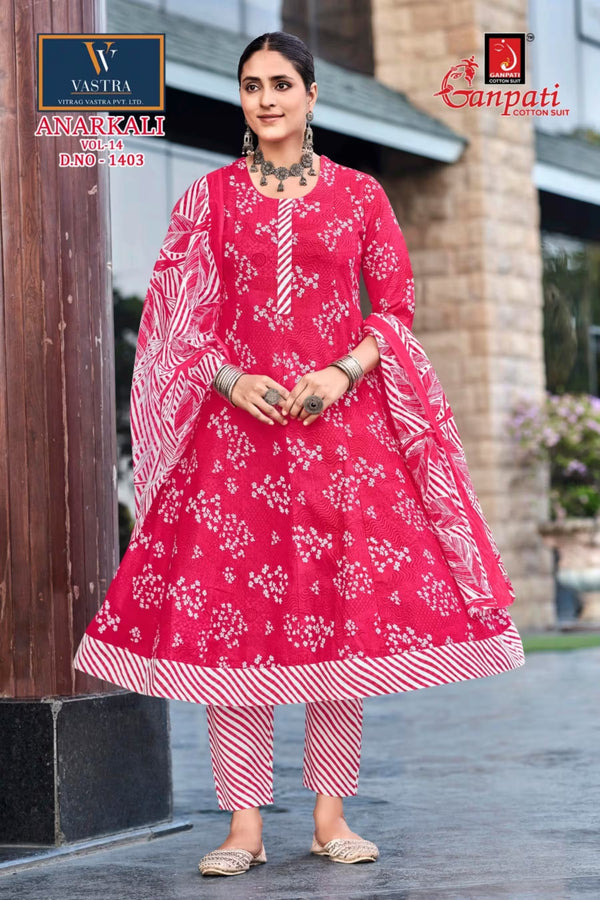 Ganpati Cotton Readymade Anarkali Salwar Suit with Straight Pant and Dupatta - GA1403