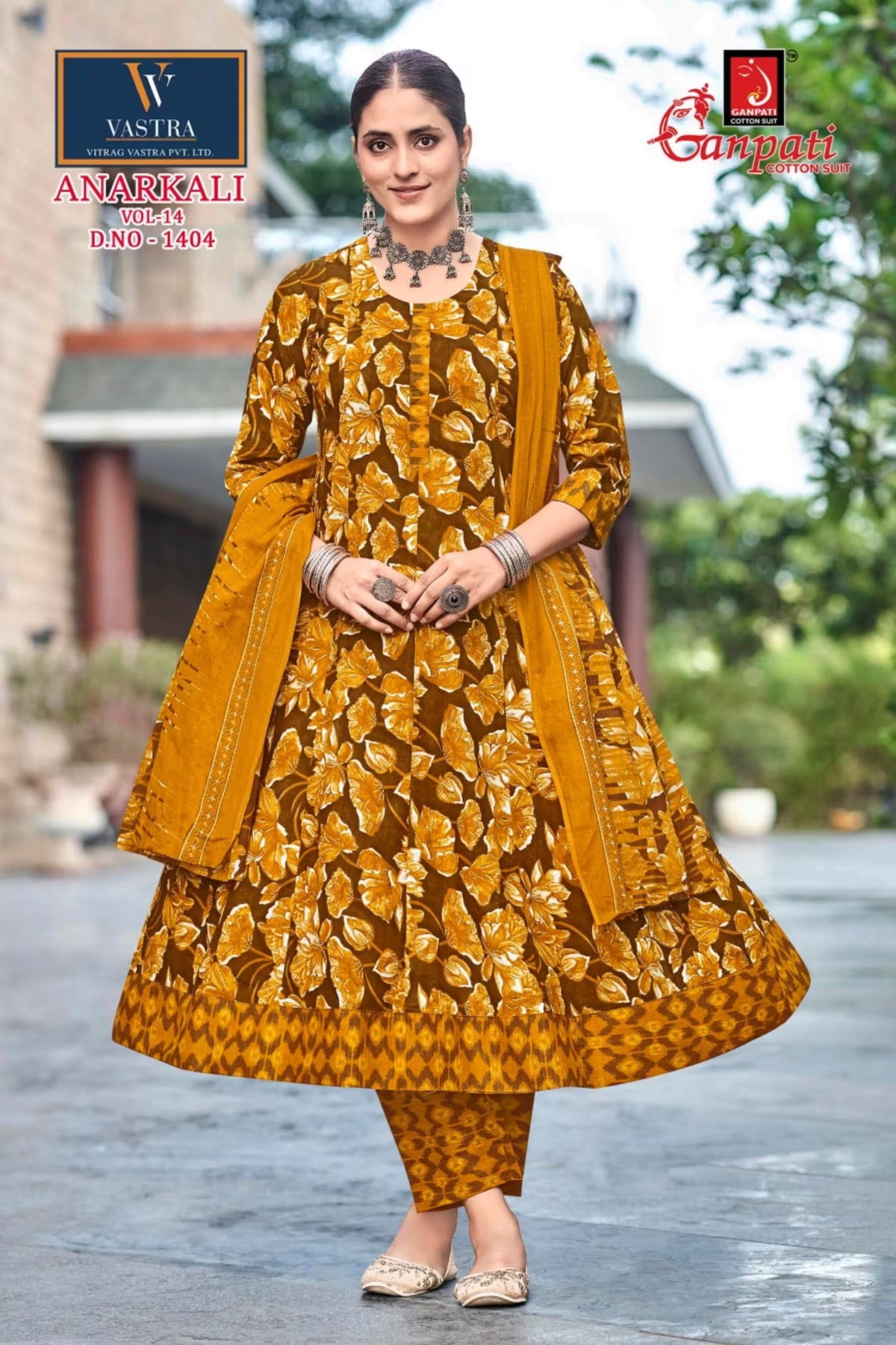 Ganpati Cotton Readymade Anarkali Salwar Suit with Straight Pant and Dupatta - GA1404