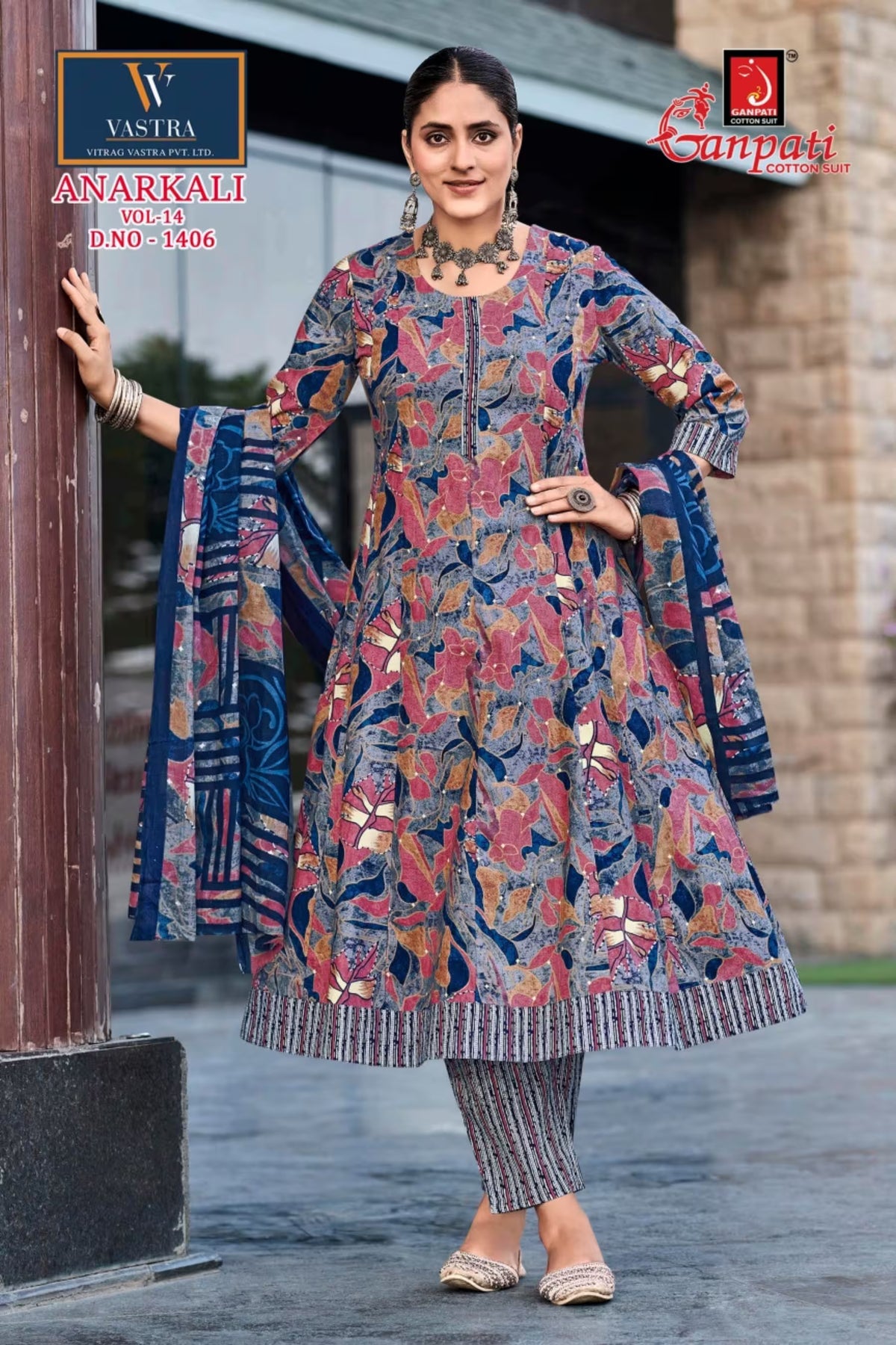 Ganpati Cotton Readymade Anarkali Salwar Suit with Straight Pant and Dupatta - GA1406