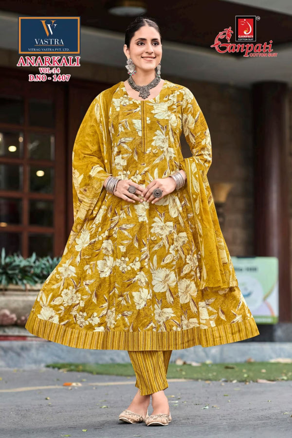 Ganpati Cotton Readymade Anarkali Salwar Suit with Straight Pant and Dupatta - GA1407