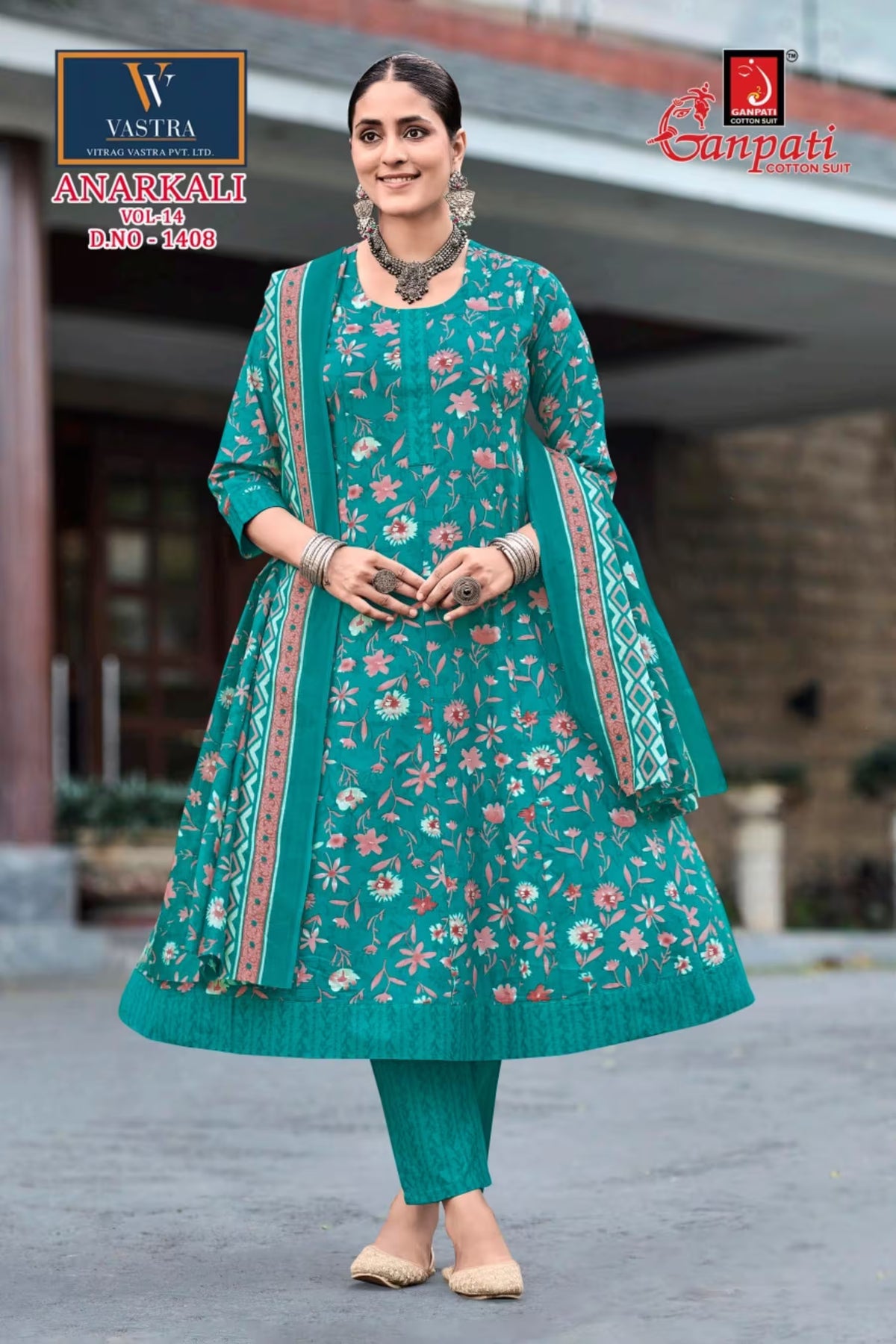 Ganpati Cotton Readymade Anarkali Salwar Suit with Straight Pant and Dupatta - GA1408