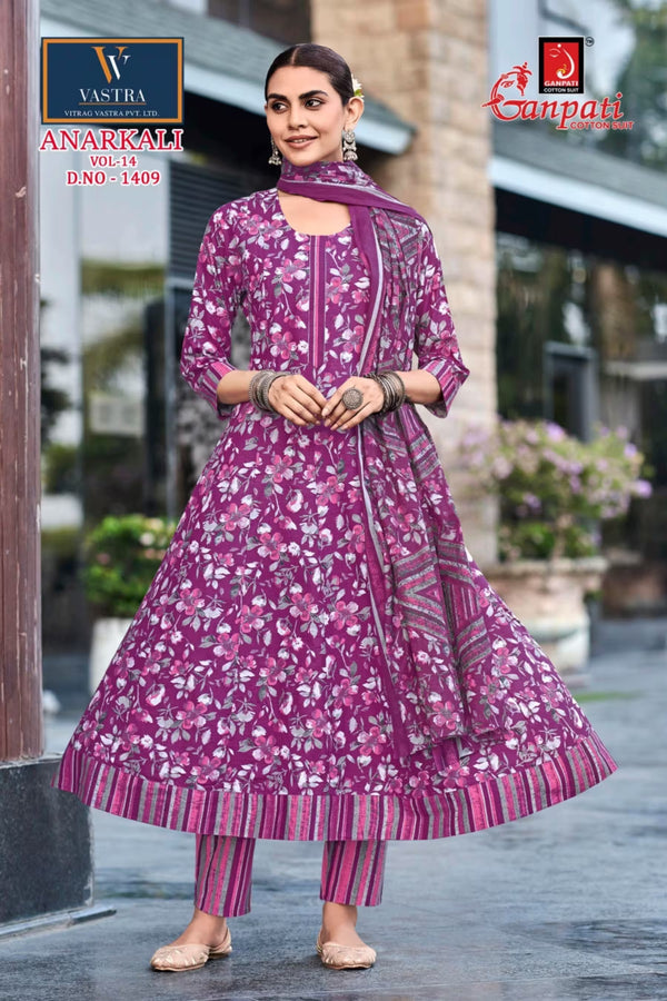Ganpati Cotton Readymade Anarkali Salwar Suit with Straight Pant and Dupatta - GA1409
