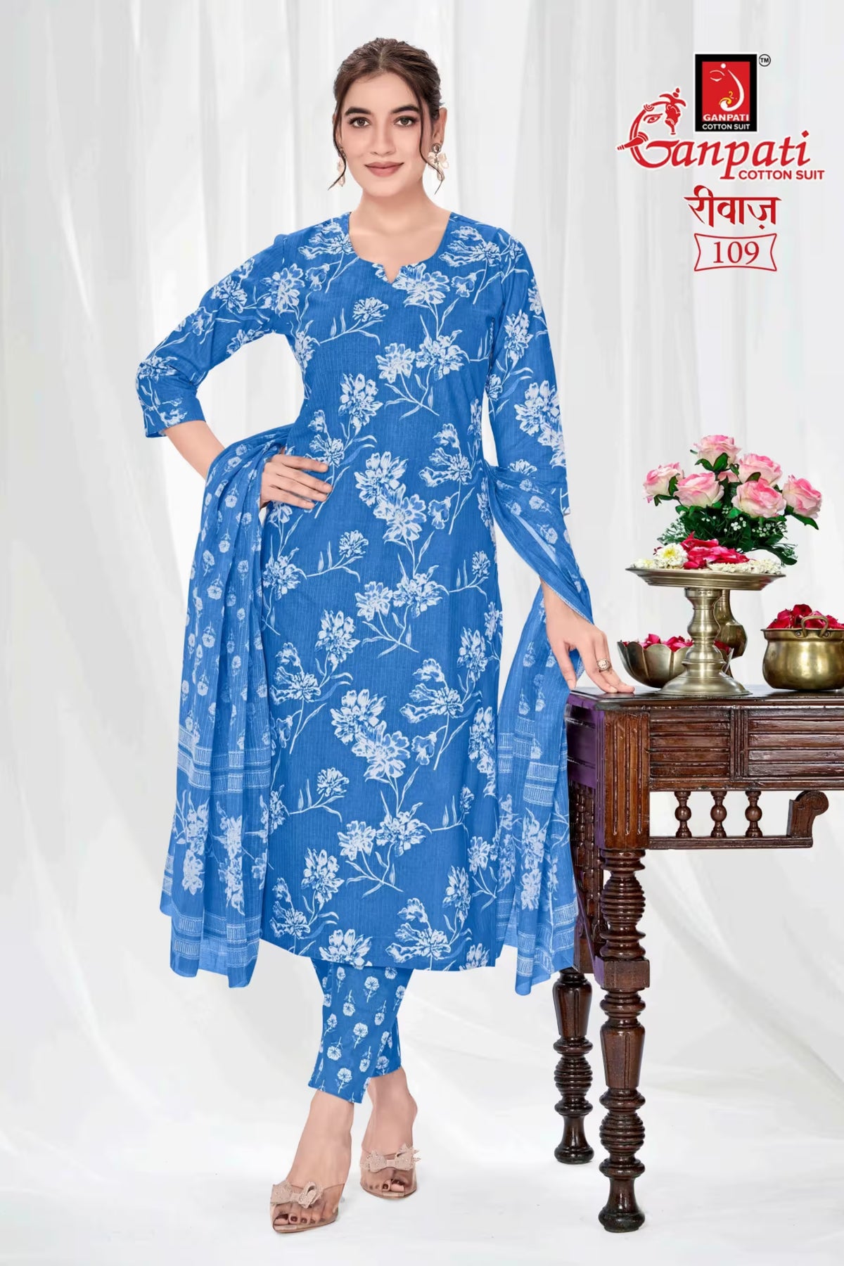 Ganpati Cotton Readymade Salwar Suit With Straight Pant and Dupatta - Riwaz109