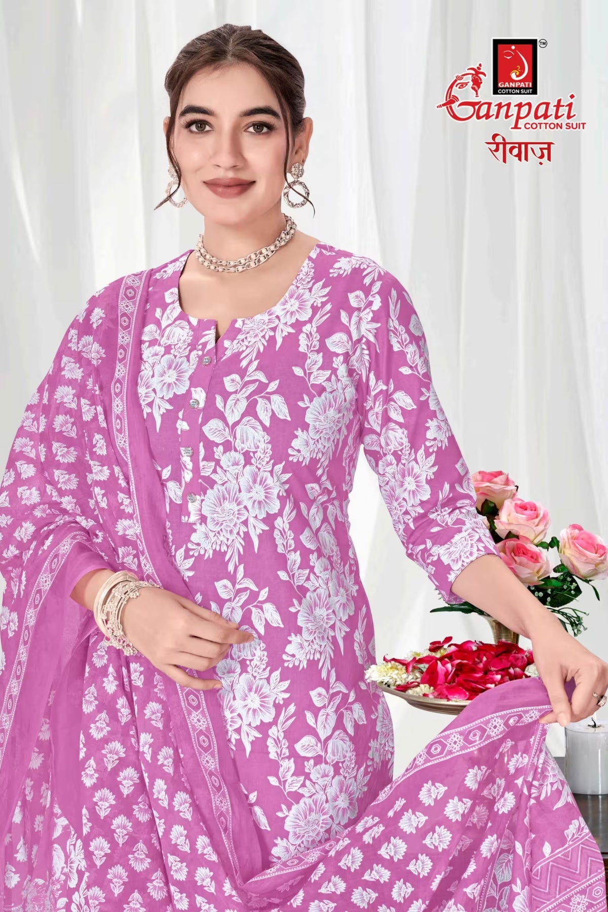 Ganpati Cotton Readymade Salwar Suit With Straight Pant and Dupatta - Riwaz110
