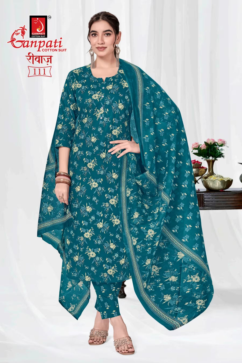 Ganpati Cotton Readymade Salwar Suit With Straight Pant and Dupatta - Riwaz111