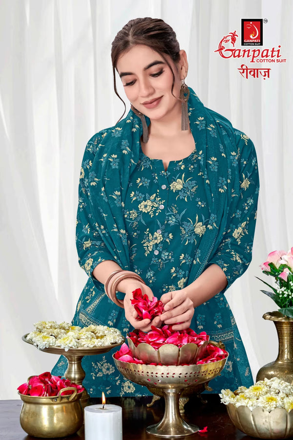 Ganpati Cotton Readymade Salwar Suit With Straight Pant and Dupatta - Riwaz111