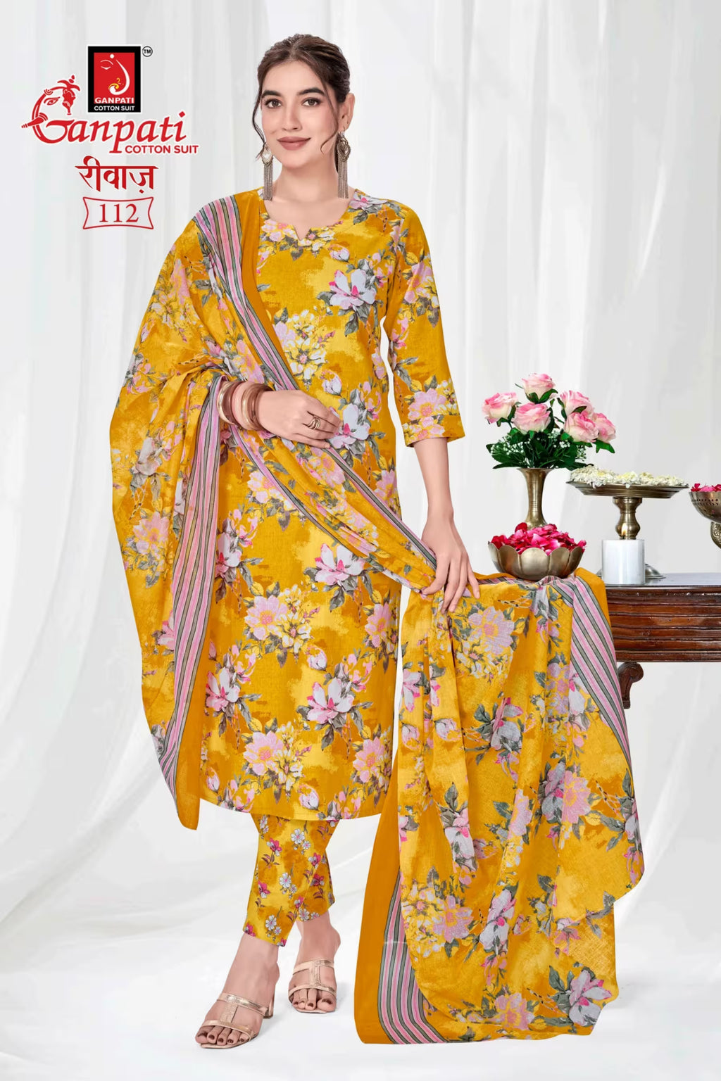 Ganpati Cotton Readymade Salwar Suit With Straight Pant and Dupatta - Riwaz112