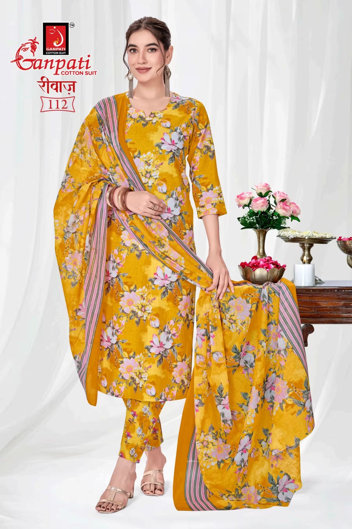 Ganpati Cotton Readymade Salwar Suit With Straight Pant and Dupatta - Riwaz112