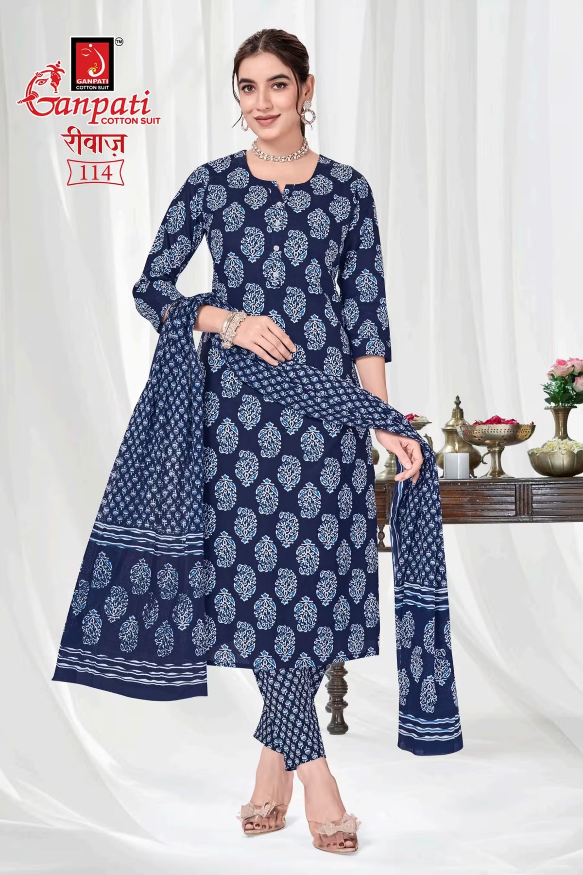 Ganpati Cotton Readymade Salwar Suit With Straight Pant and Dupatta - Riwaz114