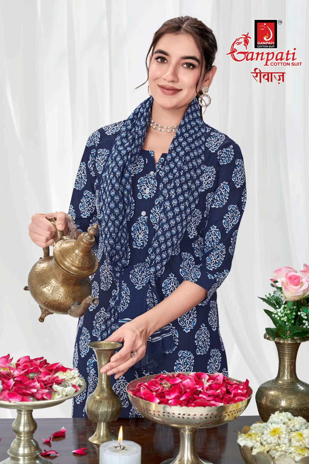 Ganpati Cotton Readymade Salwar Suit With Straight Pant and Dupatta - Riwaz114