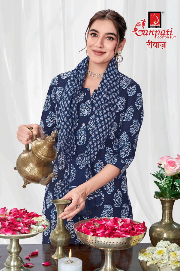 Ganpati Cotton Readymade Salwar Suit With Straight Pant and Dupatta - Riwaz114