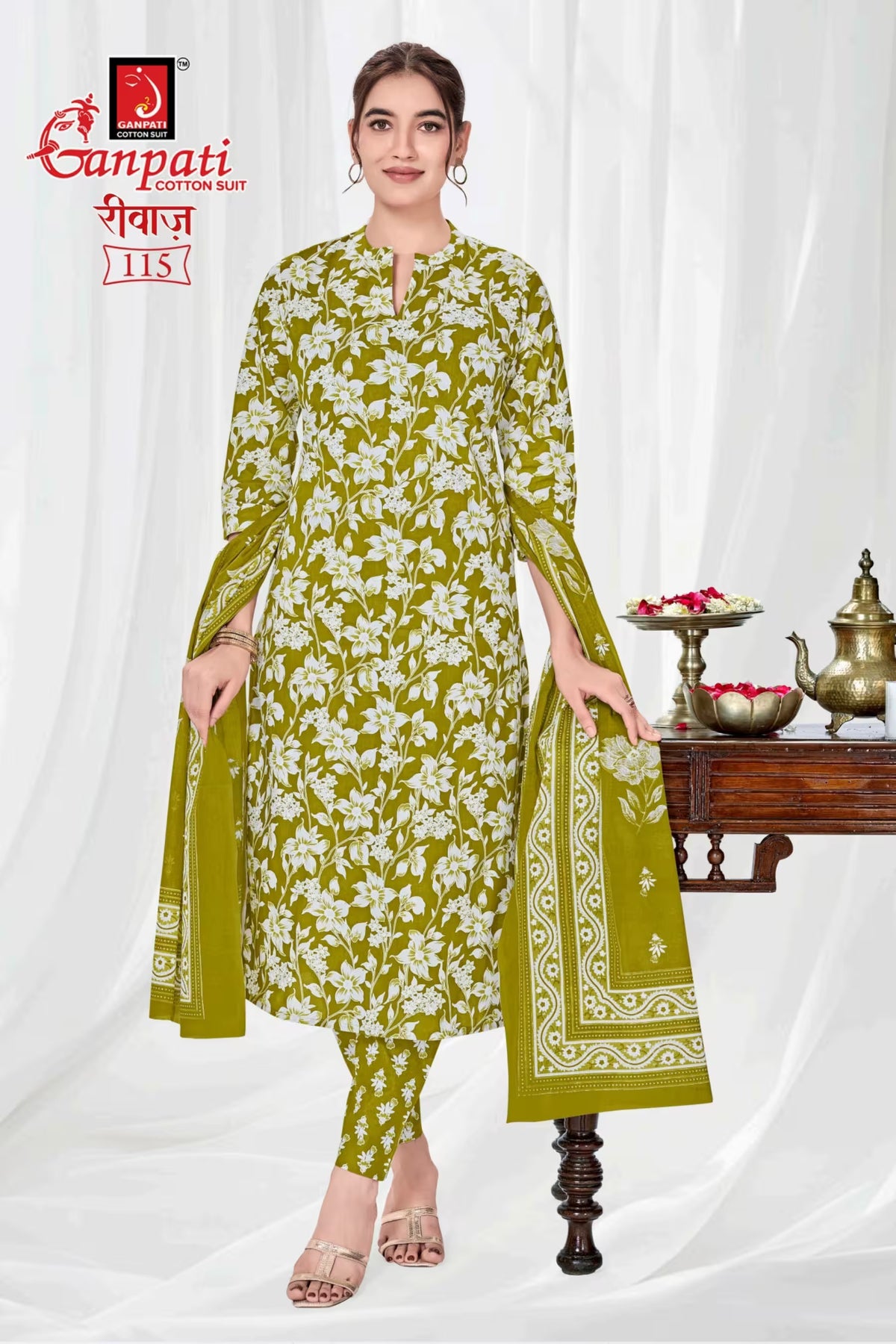 Ganpati Cotton Readymade Salwar Suit With Straight Pant and Dupatta - Riwaz115