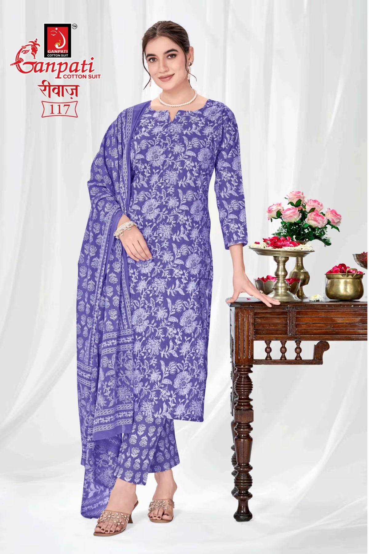 Ganpati Cotton Readymade Salwar Suit With Straight Pant and Dupatta - Riwaz117