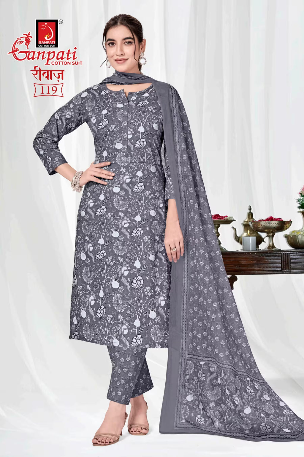 Ganpati Cotton Readymade Salwar Suit With Straight Pant and Dupatta - Riwaz119
