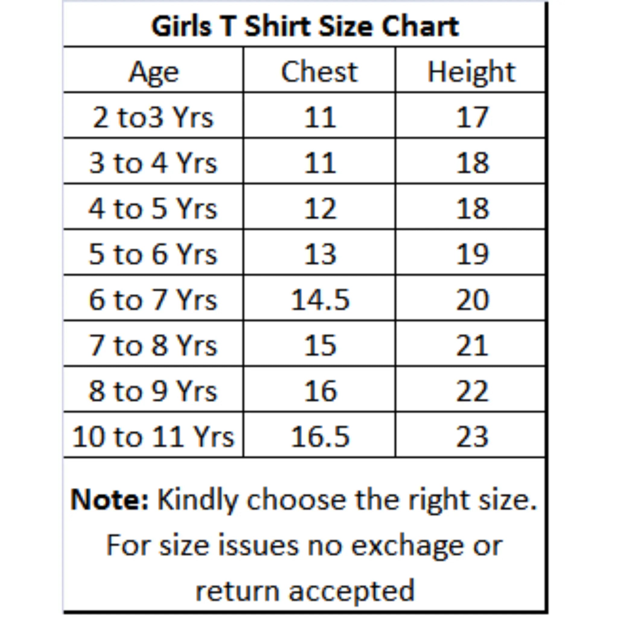 Girls T-shirt Size Chart