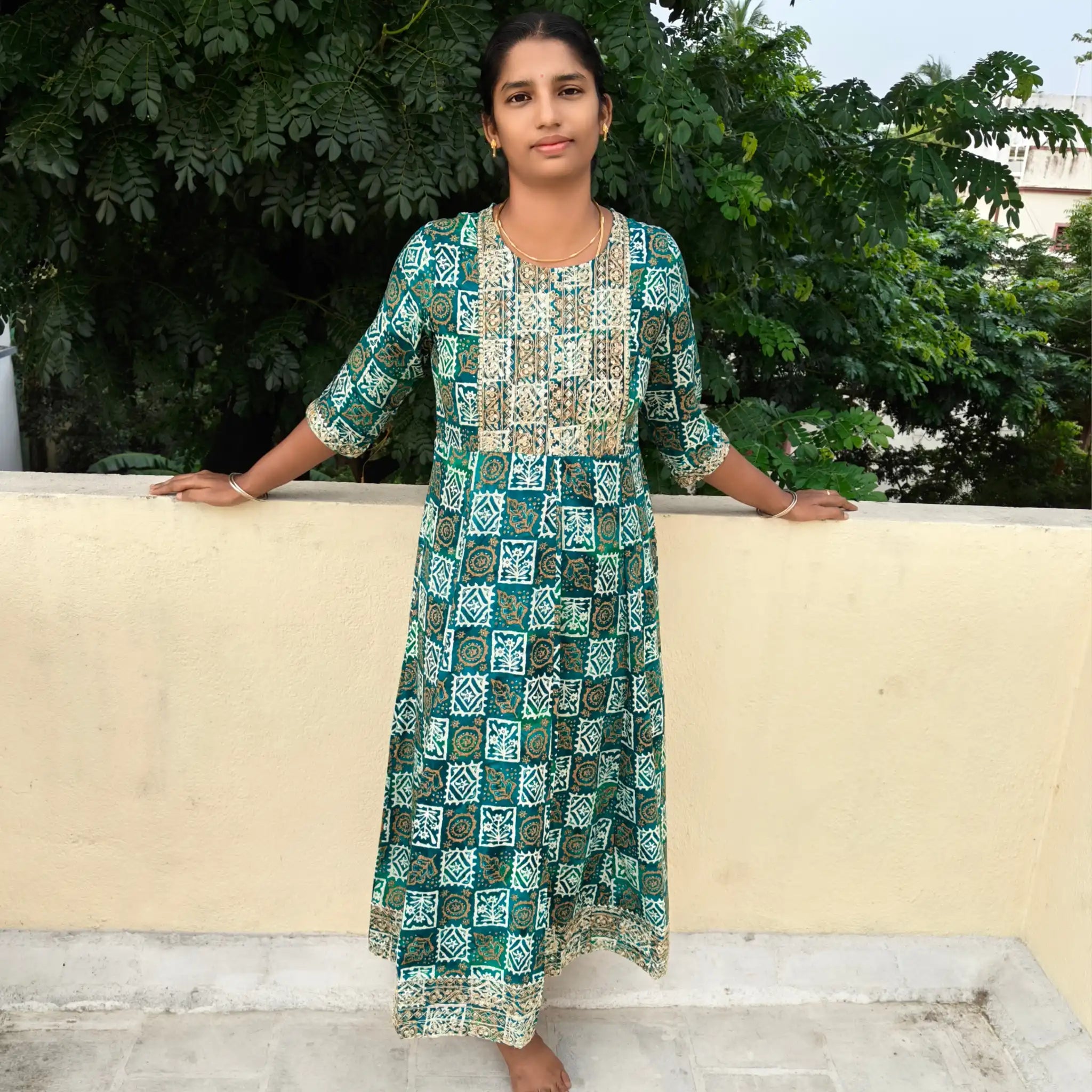 Green Checked printed Full Flair Umbrella Kurti