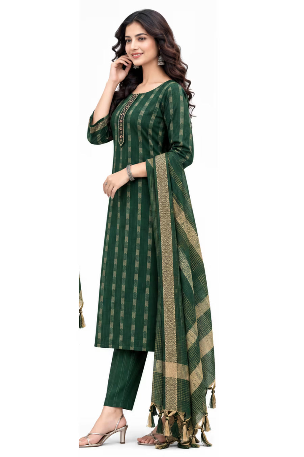 Side View - Green Cotton Straight Kurta Pant Set with Dupatta | Bavis Clothing