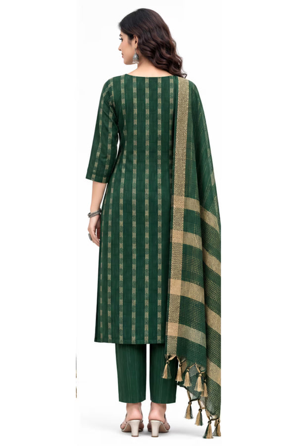 Back View - Green Cotton Straight Kurta Pant Set with Dupatta | Bavis Clothing