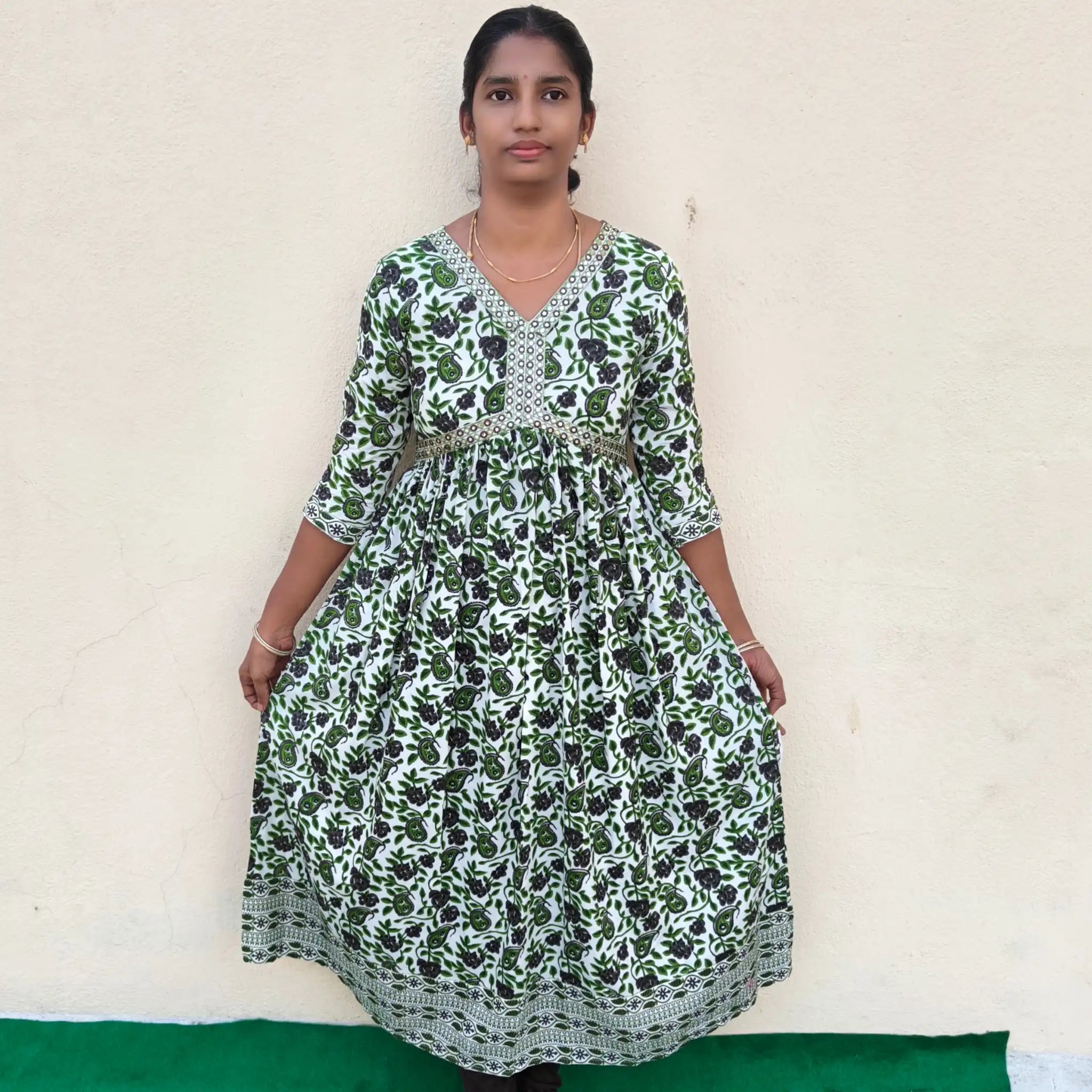 Green Floral Print Alaya Cut Kurti