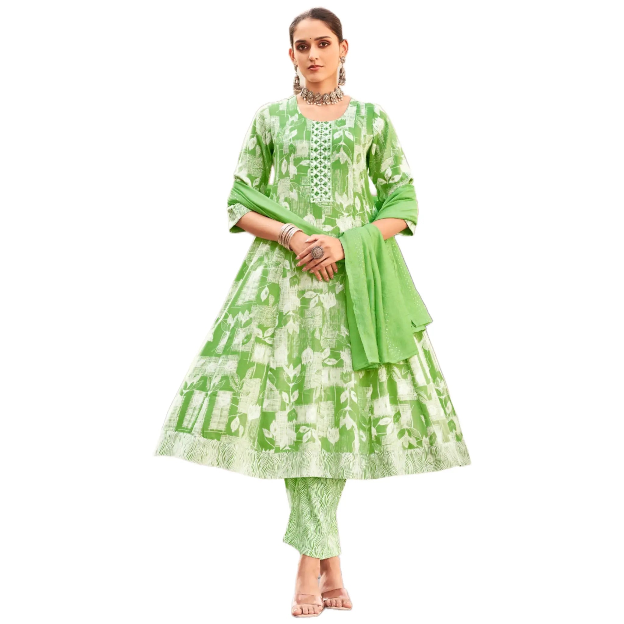 Green Leaf Printed Anarkali Suit with Embroidered Neck & Matching Dupatta