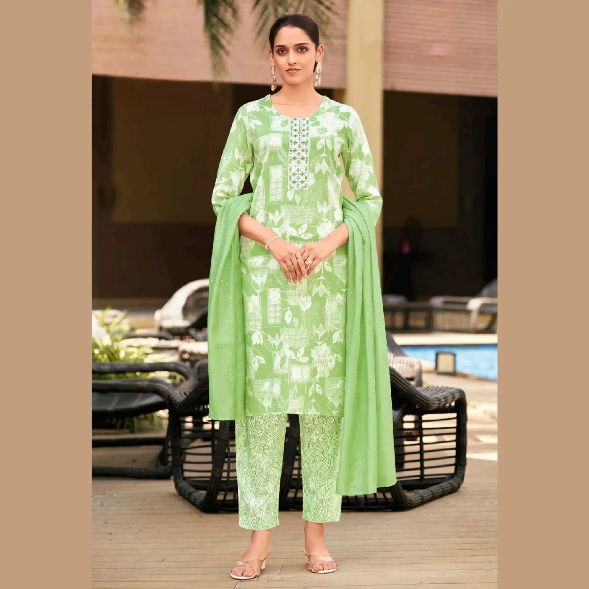 Grey Blue Floral Printed Salwar Suit with Embroidered Neck & Sequence Work Dupatta  - Rashmika - GR264 Main image