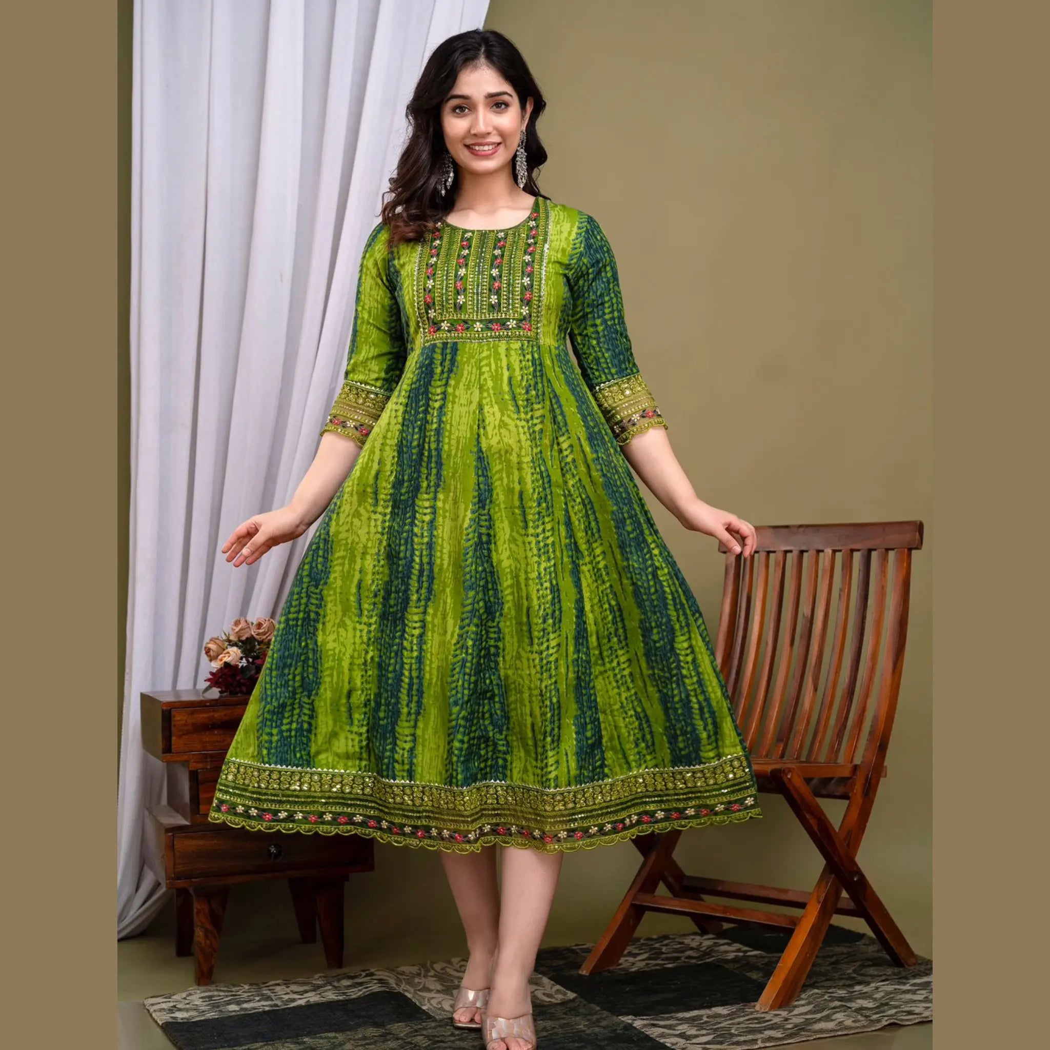 Green Tie and  Dye Full Flared Kurti