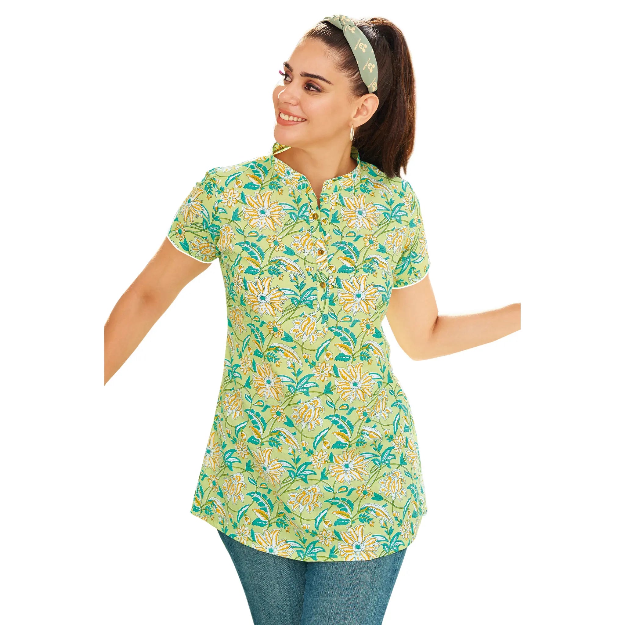 Greenish Beige Floral Print Cotton Short Tops