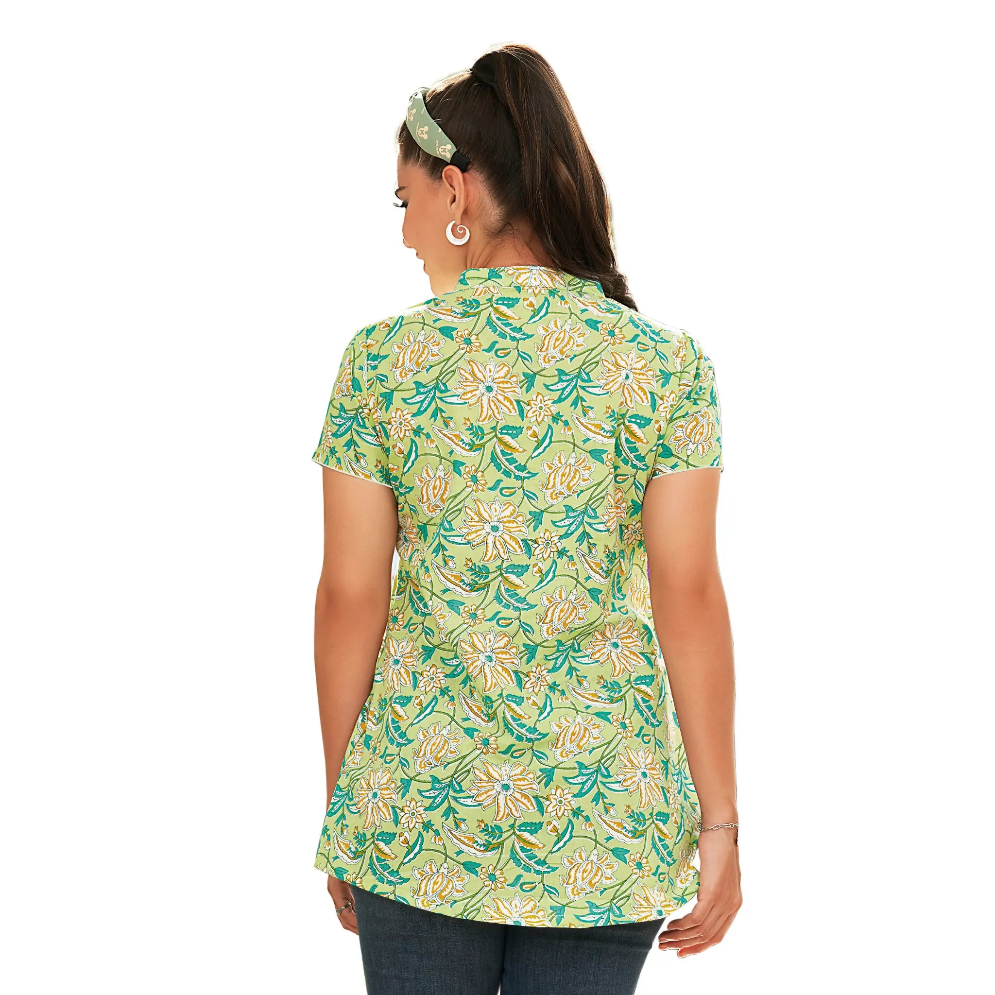 Greenish Beige Floral Print Cotton Short Tops