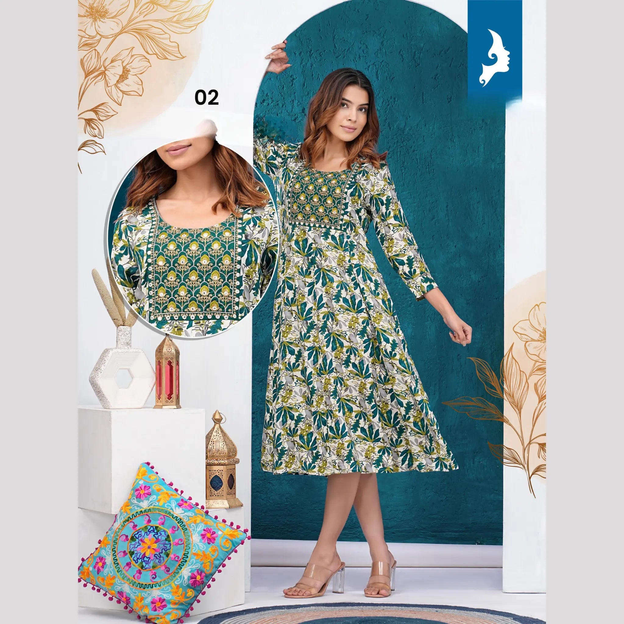 Green shade Reyon Print Umbrella Kurti Main image