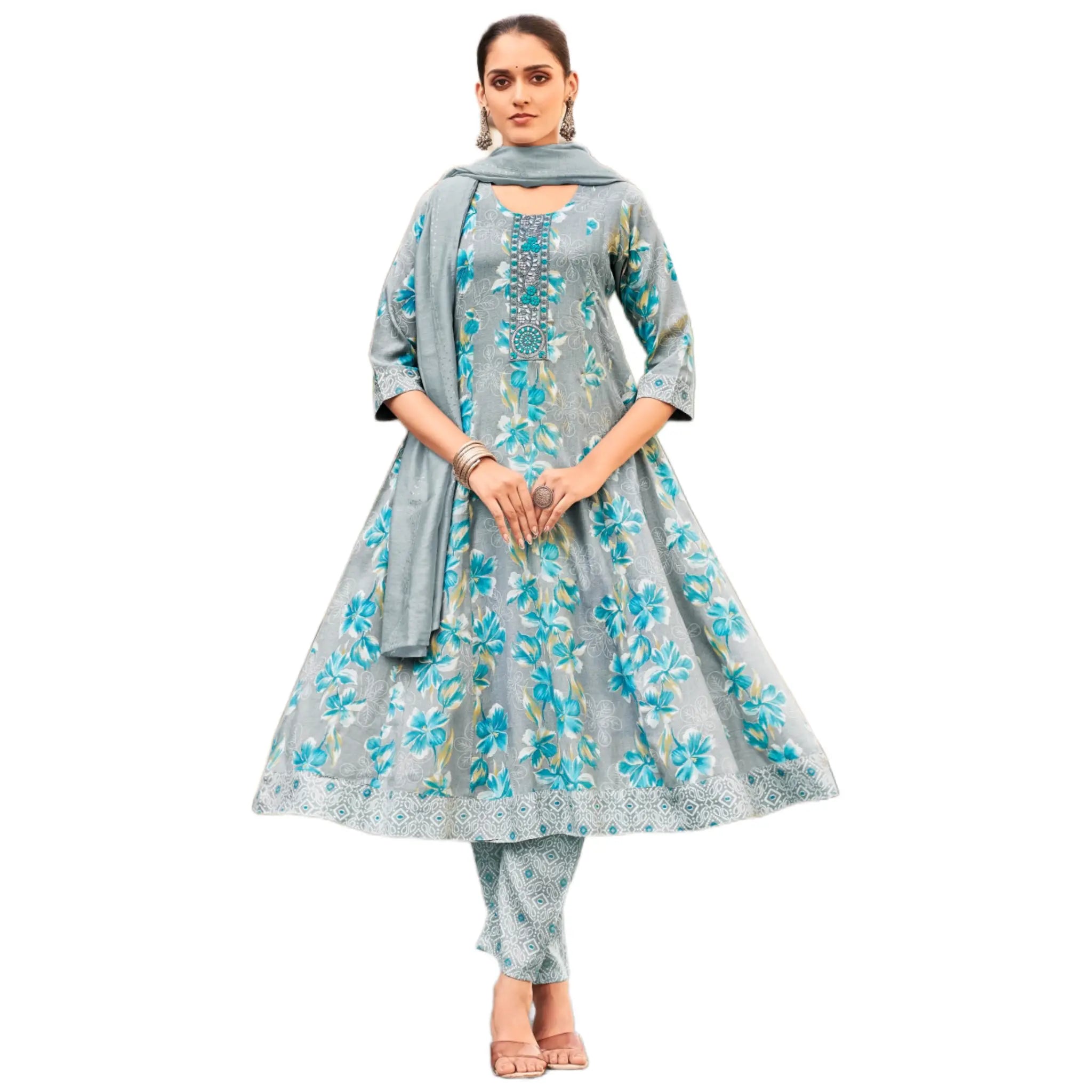 Grey Blue Floral Printed Anarkali Suit with Embroidered Neck & Matching Dupatta