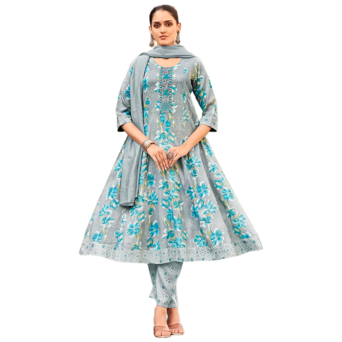 Grey Blue Floral Printed Anarkali Suit with Embroidered Neck & Matching Dupatta